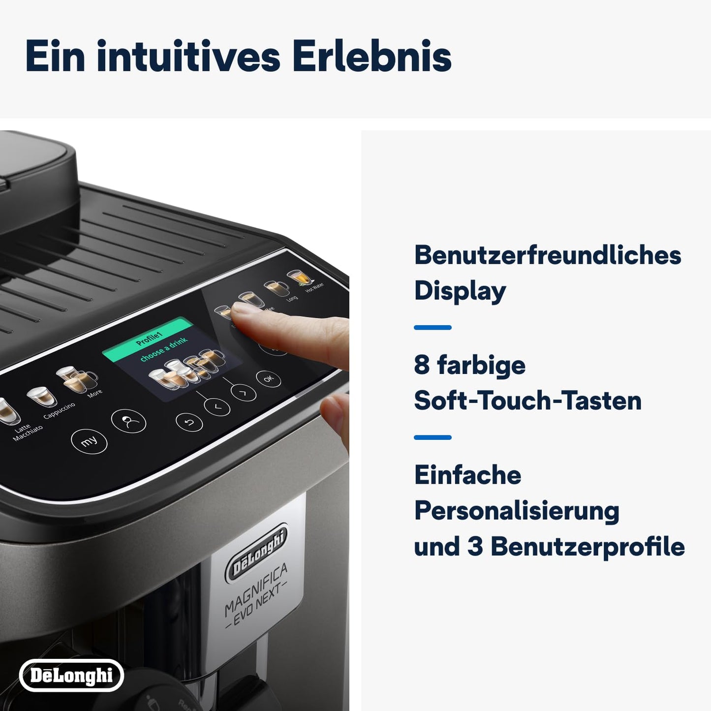 De'Longhi Magnifica Evo Next ECAM312.80.TB – Kaffeevollautomat mit 2,4'' TFT Farbdisplay & LatteCrema Milchsystem, 7 Direktwahltasten (Cappuccino, Espresso, Latte Macchiato), 2-Tassen-Funktion, Titan