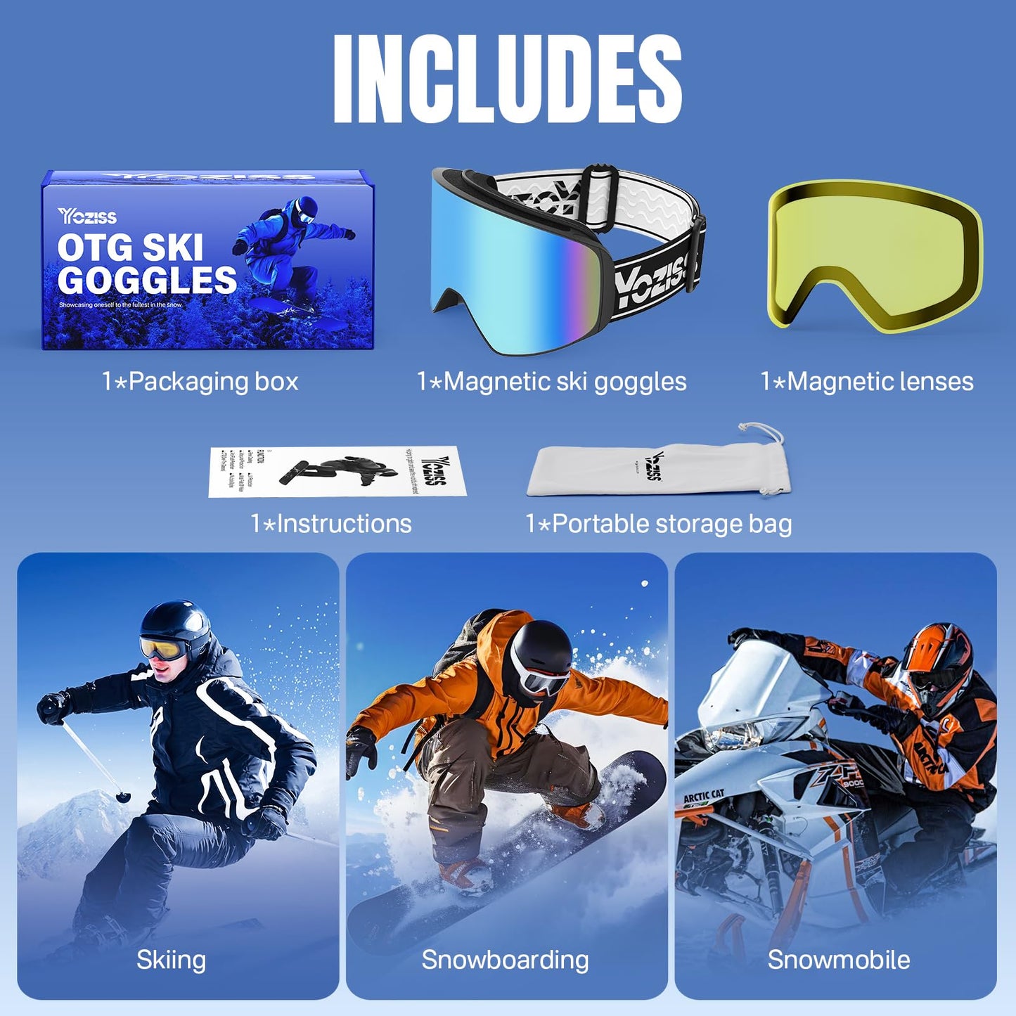 YOZISS OTG Ski Goggles for Men and Women, Magnetic Snowboard Goggles Anti-Fog & 100% UV Protection, OTG Ski Goggles Snow Goggles for Skiing & Winter Sports