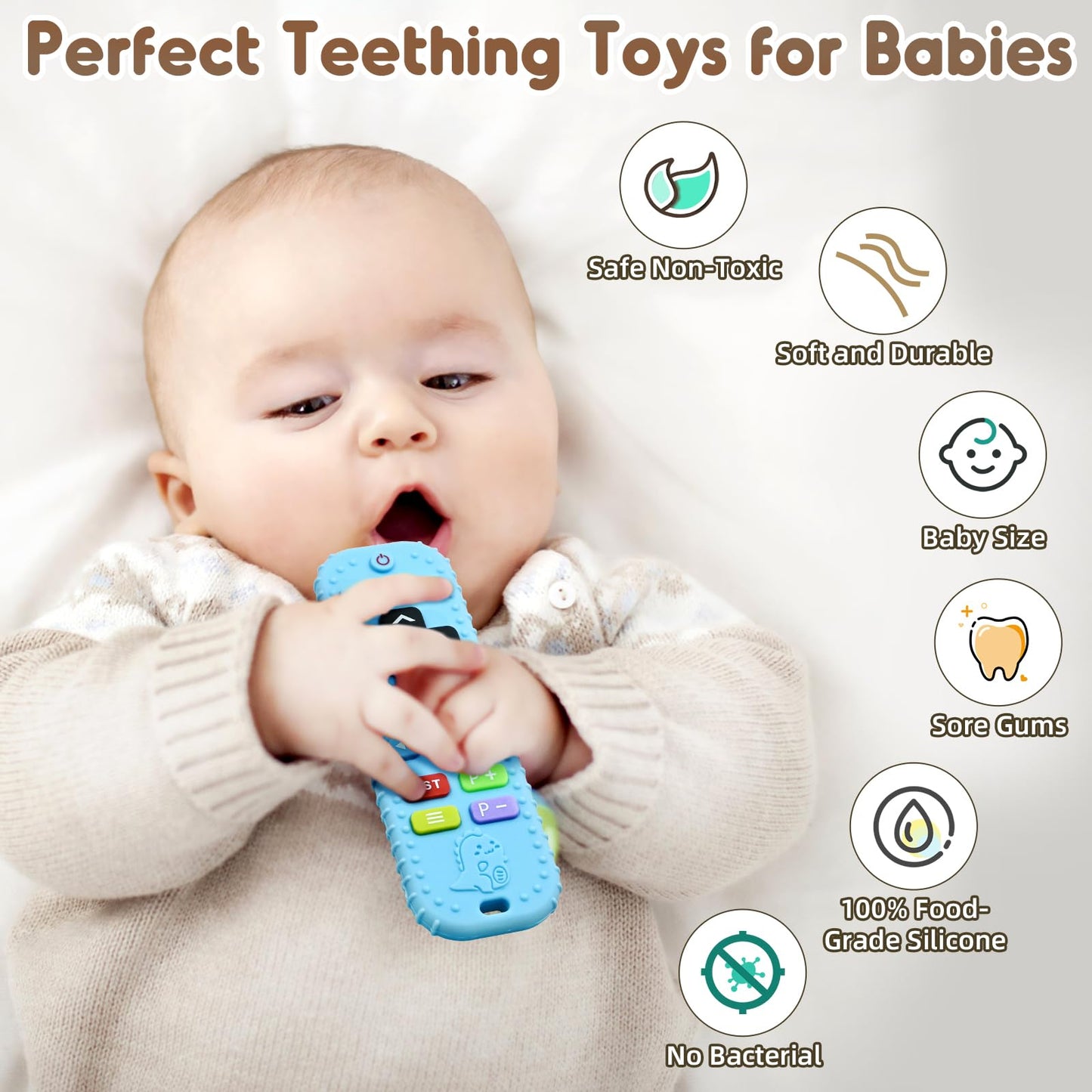 Zahnen Beißringe Spielzeug für Babys 0-6-12 Monate Geschenke, Fernbedienung Baby Zahnungshilfe für 3 6 9 Monate Kleinkind Autismus, Lebensmittelqualität Silikon Badespielzeug, Schwarz