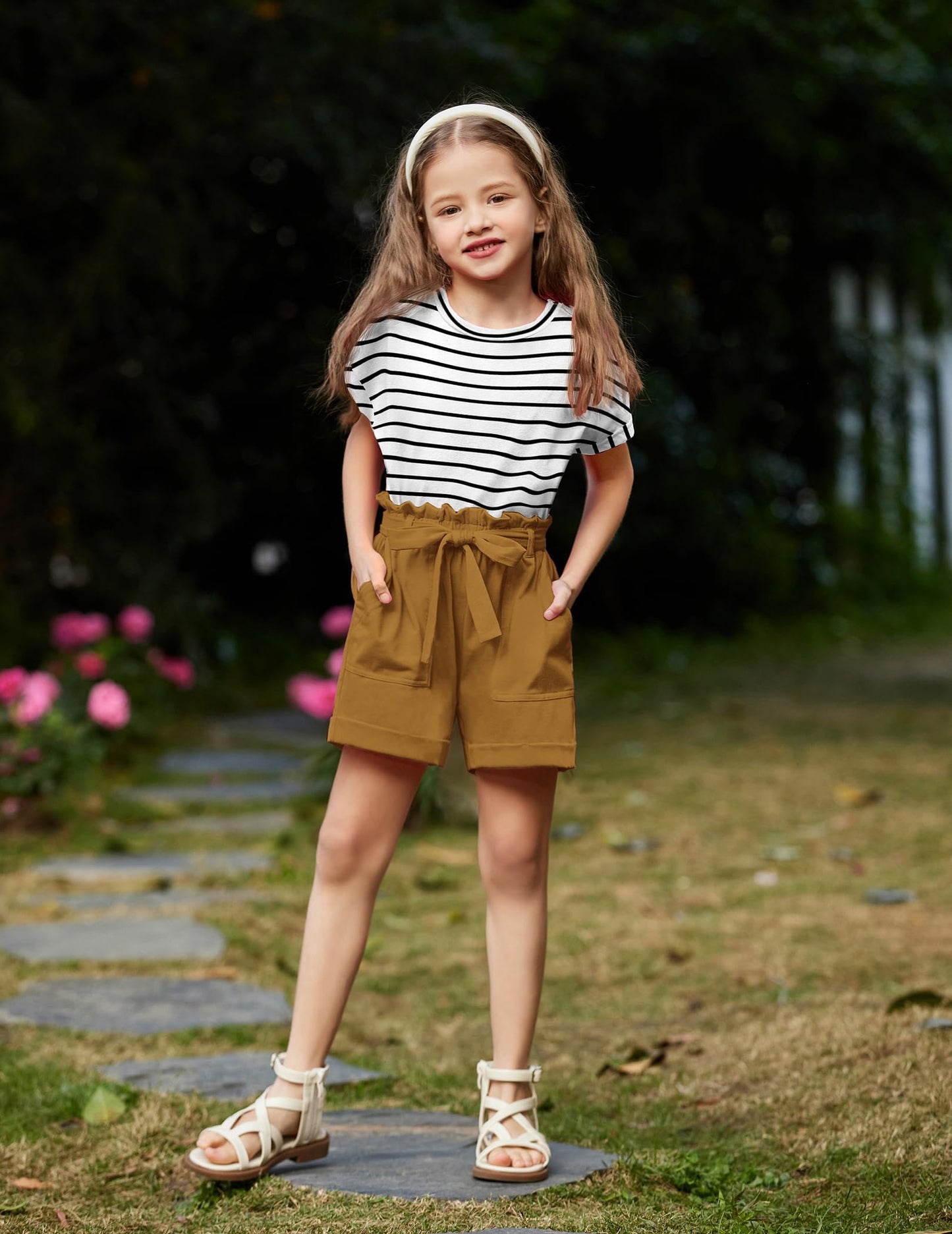 Arshiner Mädchen Tshirt mit Shorts Set Sommer Kinder Bekleidungssets Freizeit Mode überschnittenen Schultern Shirts Zweiteiliges Kleidung Sets für Mädchen 6-14 Jahre