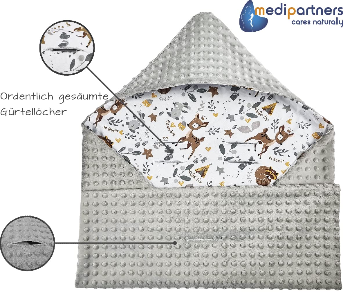 Medi Partners Einschlagdecke Baby Babyschale 100% Baumwolle für Sommer 85x85cm Kinderwagen Kuscheldecke universal Baby Decke Einschlagdecken Babydecke Buggy Autositz (weiße Sterne mit grauen Minky
