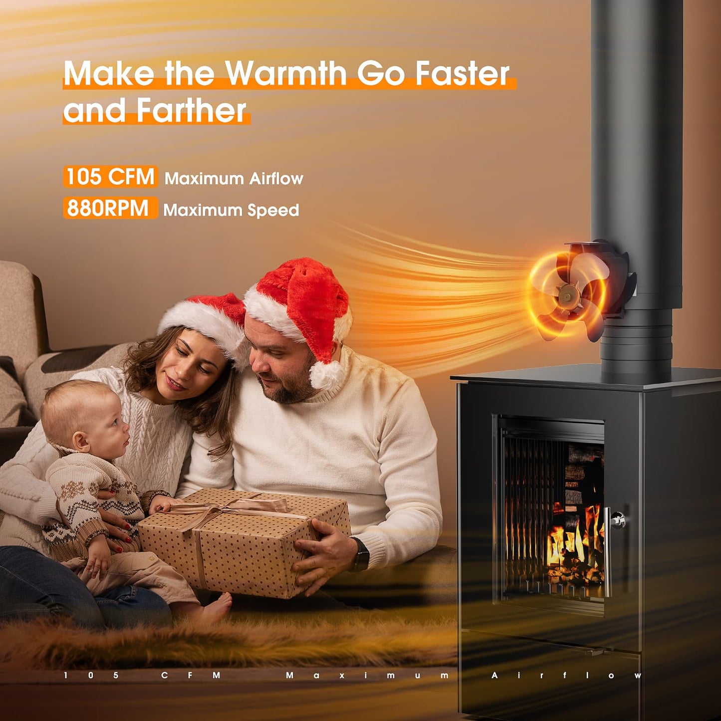 Kaminventilator Magnetisch, Leiser Kamin Ventilator Ofenventilator Ohne Strom, KaminlĂŒfter fĂŒr Holz/Brennholz/Feuerstelle/Ofenrohr, Stove Fan for Fireplace, mit 2pcs Magnete &1pcs Ersatzteil Ring