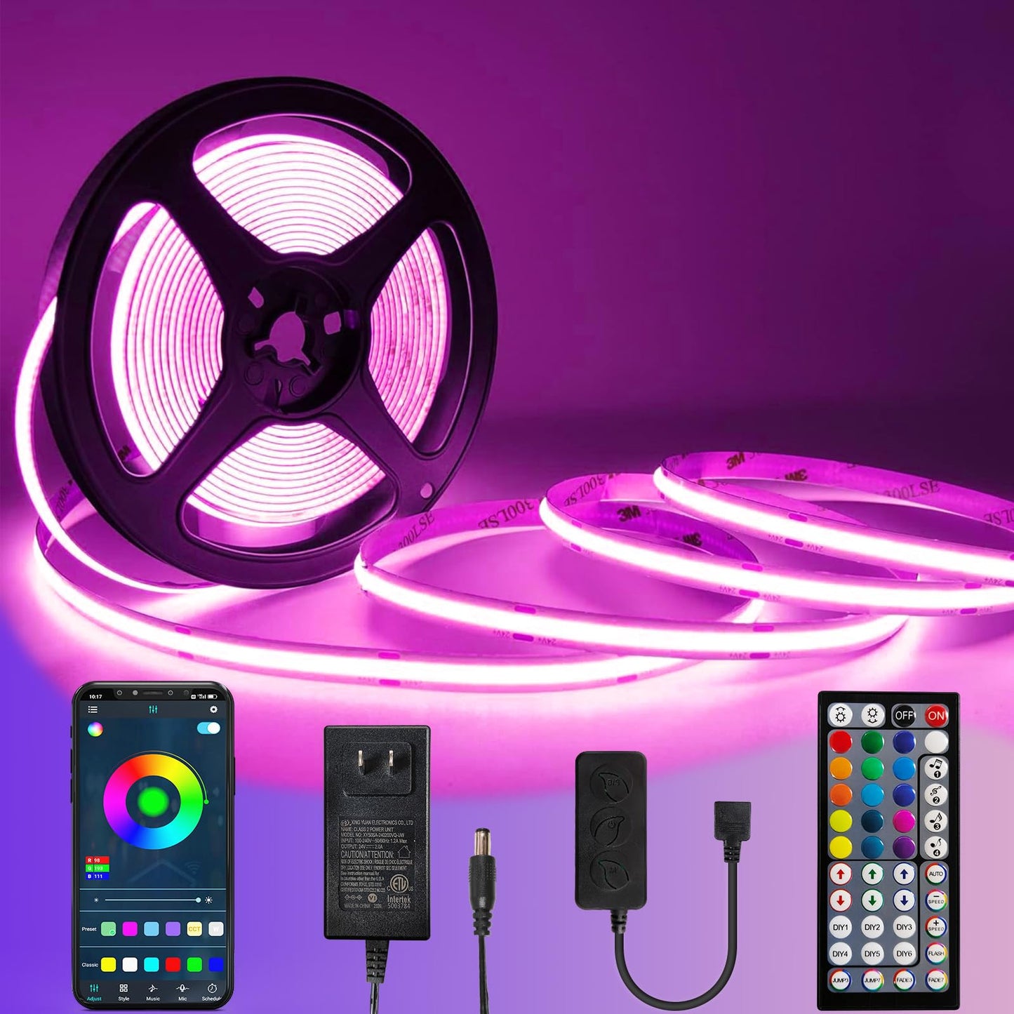 BUNACET COB RGB LED Strip 6M 24V Dimmbar, LED Streifen 3456 LEDs, Leiste Band Stripes Lichtband mit Netzteil RF Fernbedienung & APP Bluetooth für Küche Schlafzimmer Deko
