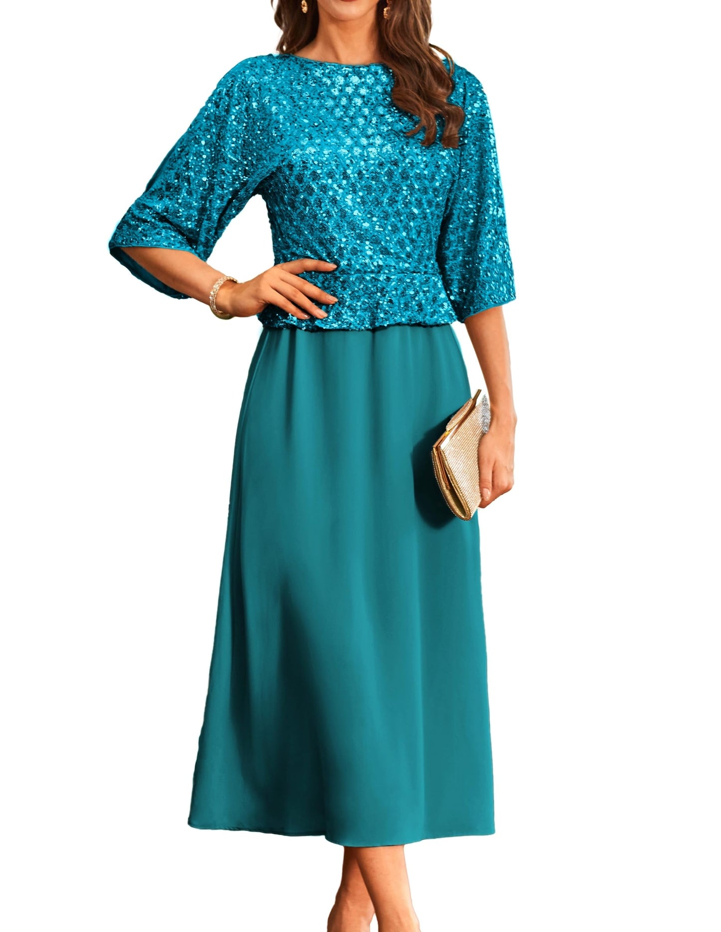 GRACE KARIN Cocktailkleid Damen Elegant Fledermaus Kleid 3/4 Ärmel A-Linie Glitzer Kleid Party Maxikleid
