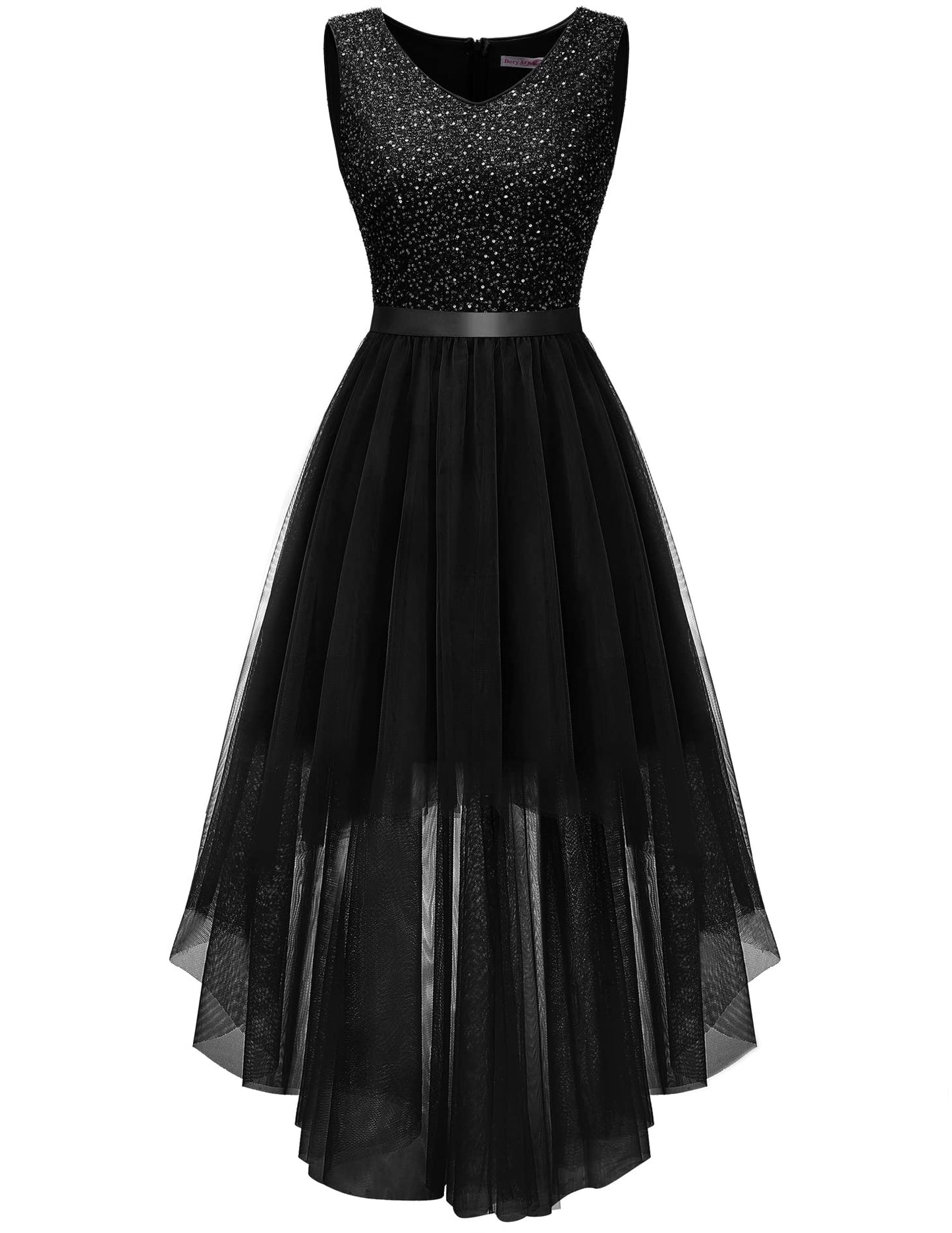 Berylove Kleid Festlich Damen Abendkleid mit Pailletten Cocktailkleid Ballkleid Lang Glitzer V Ausschnitt Ärmellos Tüllkleid