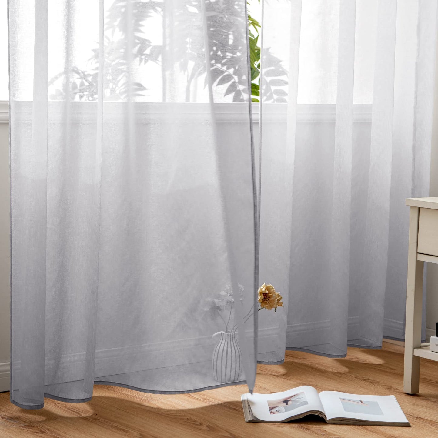 Woaboy Voile Curtains, Short Curtains, Transparent Living Room with Eyelets, Store Curtains for the Bedroom, Eyelet Curtain, Panel Curtain, Loop Curtains, Modern, Set of 2, 140 x 145 cm (W x H), Beige