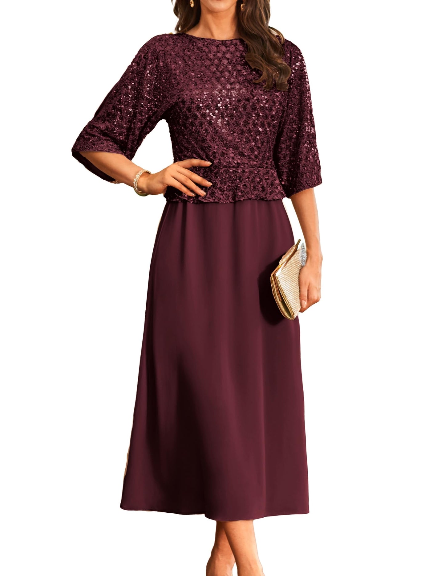 GRACE KARIN Cocktailkleid Damen Elegant Fledermaus Kleid 3/4 Ärmel A-Linie Glitzer Kleid Party Maxikleid