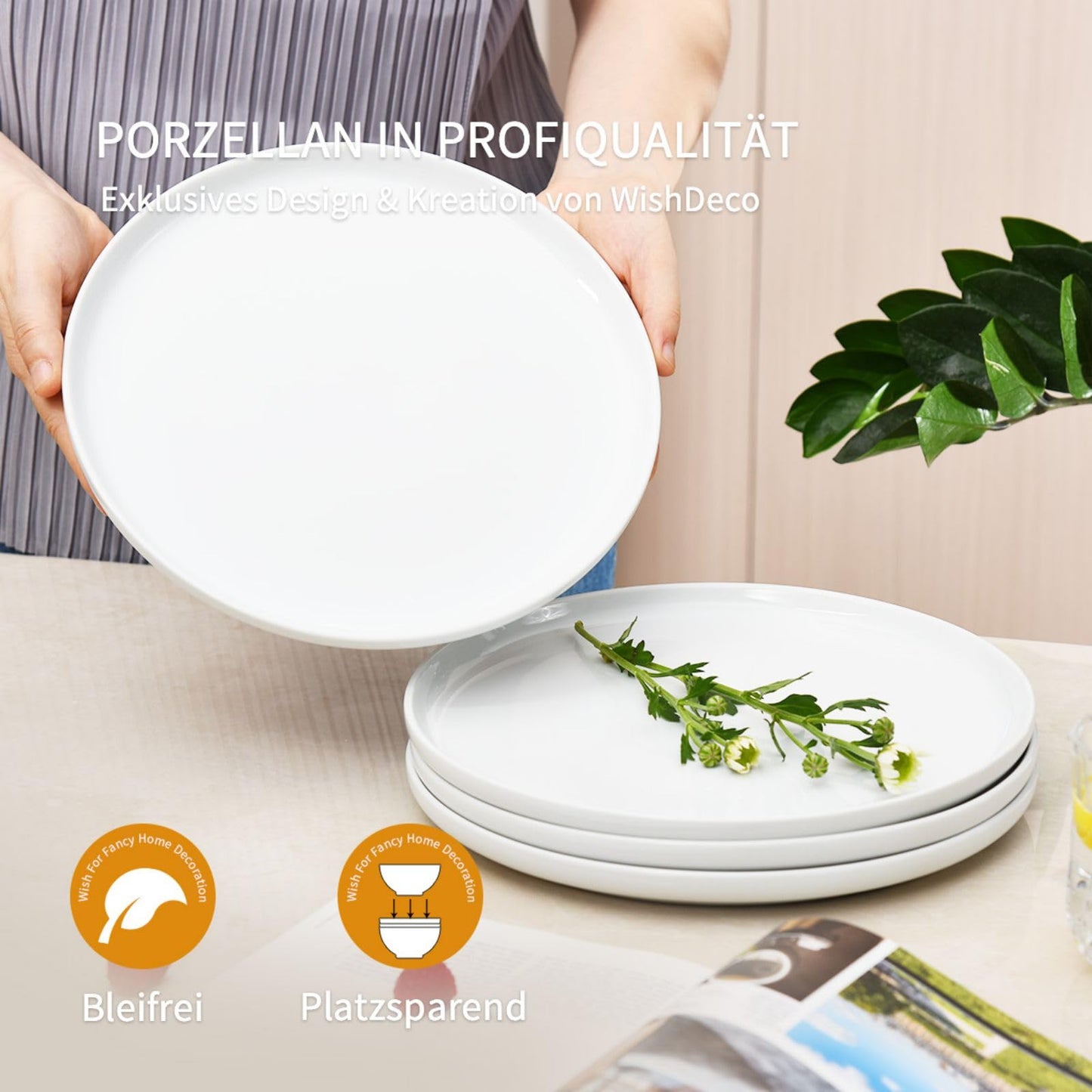 WishDeco Dessertteller 6er Set, Weiße Kuchenteller Φ18cm, Speiseteller Porzellan, Frühstücksteller Weiß mit erhöhtem Rand, Kleine Servierteller für Salat, Pasta, Brot, Vorspeisen
