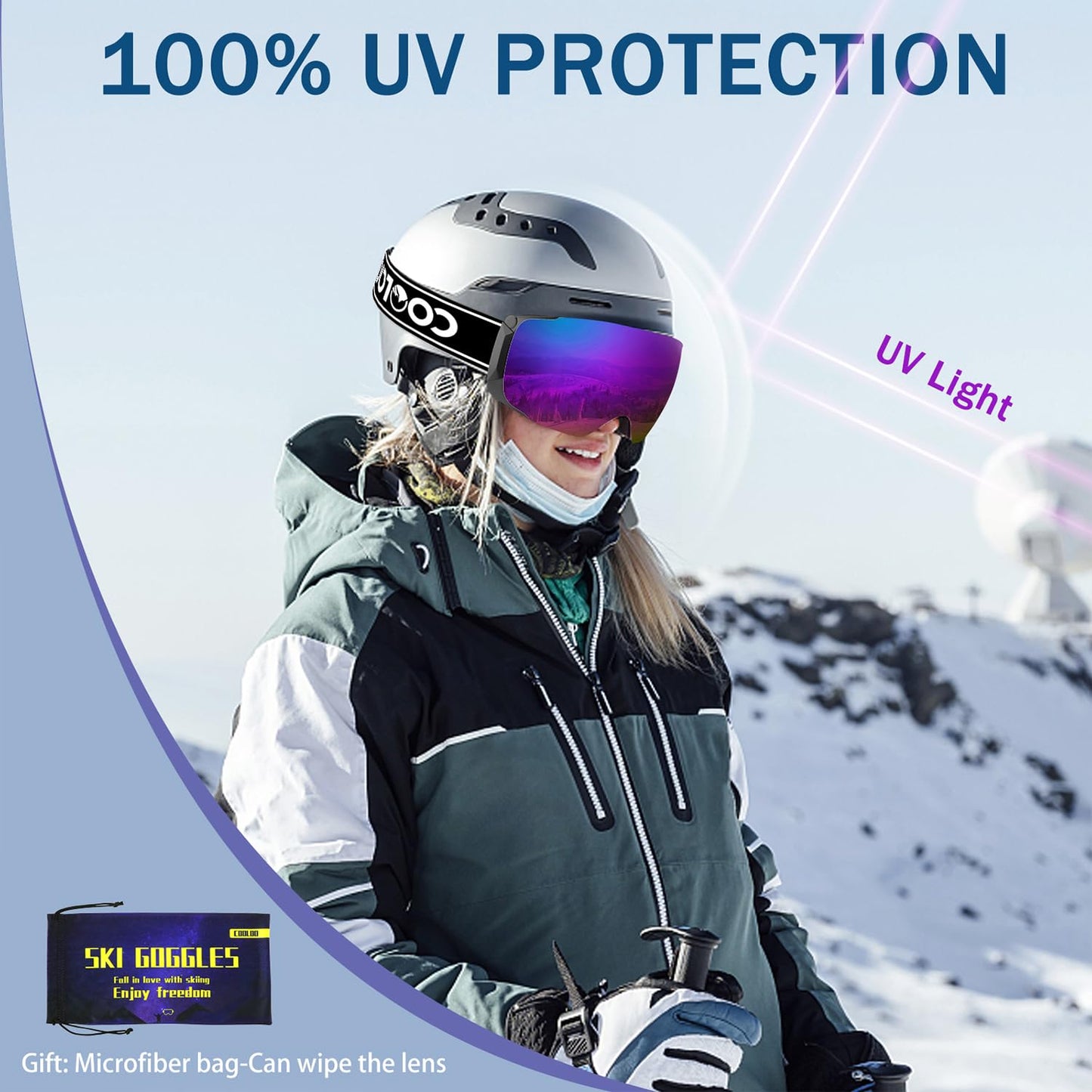 COOLOO Ski Goggles Men Women Teenagers Magnetic OTG Frameless Anti-Fog Protection with 100% UV Protection