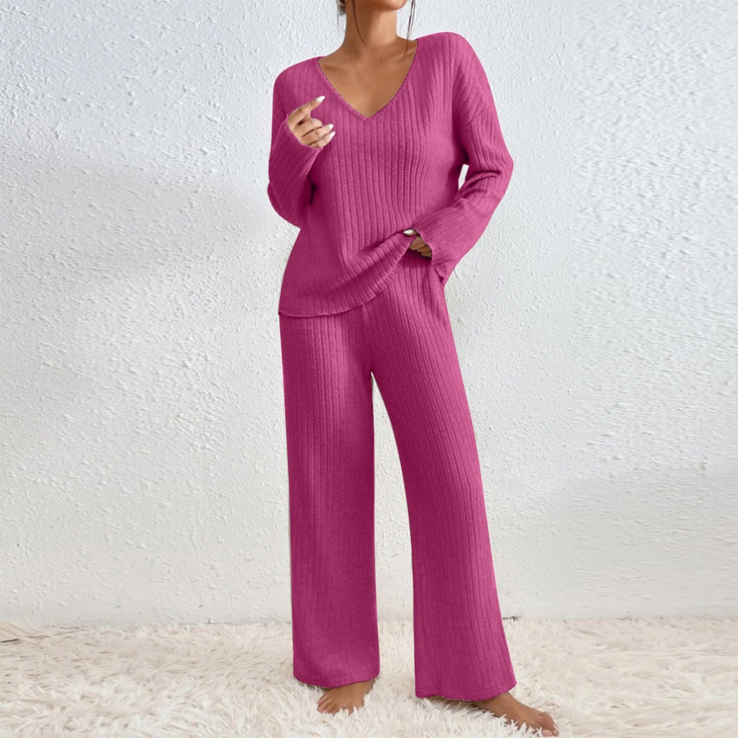 Hausanzug Damen Elegant Gestrickte Loungewear Einfarbig Strickanzug Langarm Schlafanzüge Zweiteiler V-Ausschnitt Homewear Locker Freizeitanzug Outfit Weites Bein Hose mit Taschen Lounge Set