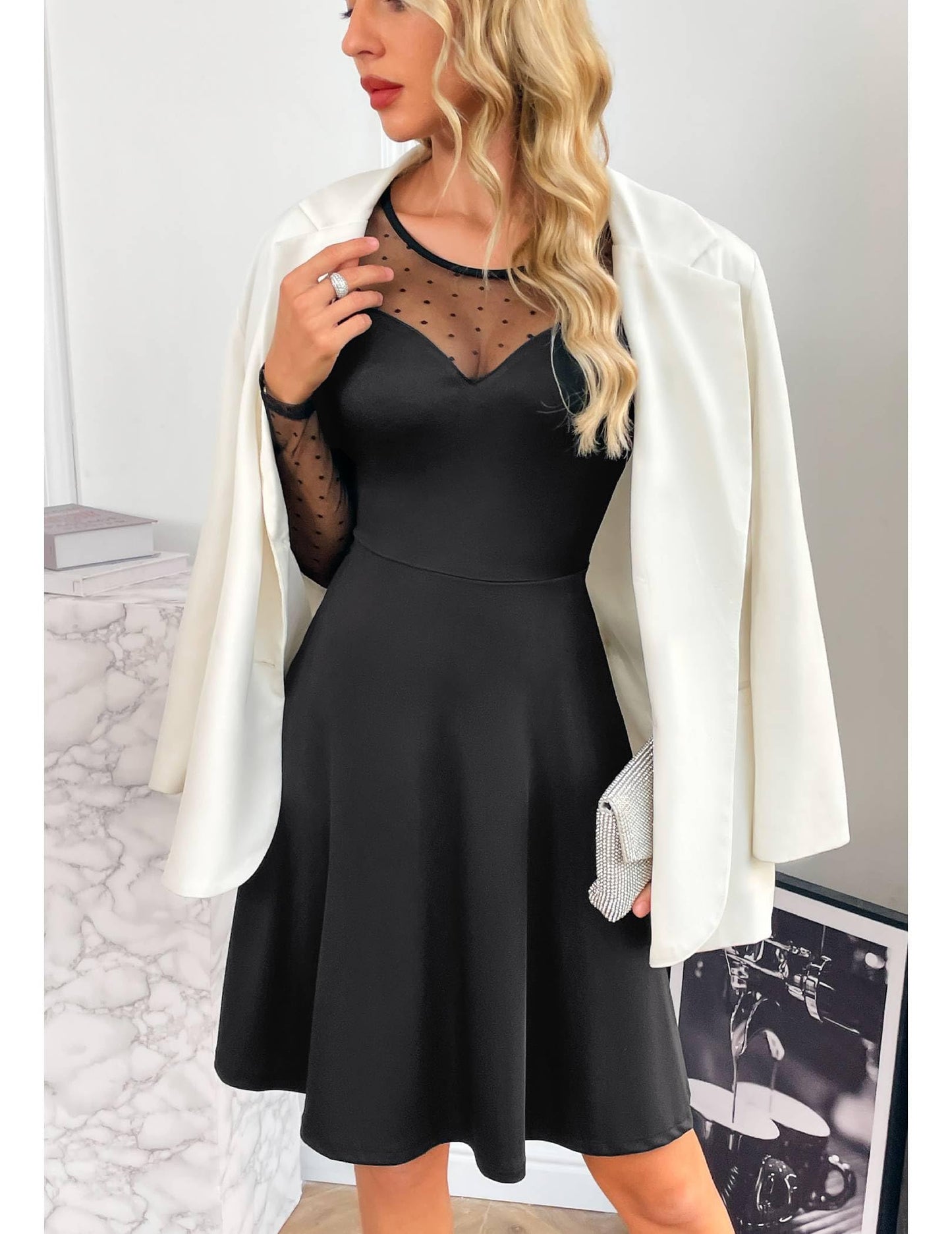 Zeagoo Kleid Damen Elegant Spitze A Linie Partykleid Hohe Taille Cocktailkleid Minikleid Festliches Kleid Einfarbig Mesh Kleid Sexy Swing Kleider S-XXL