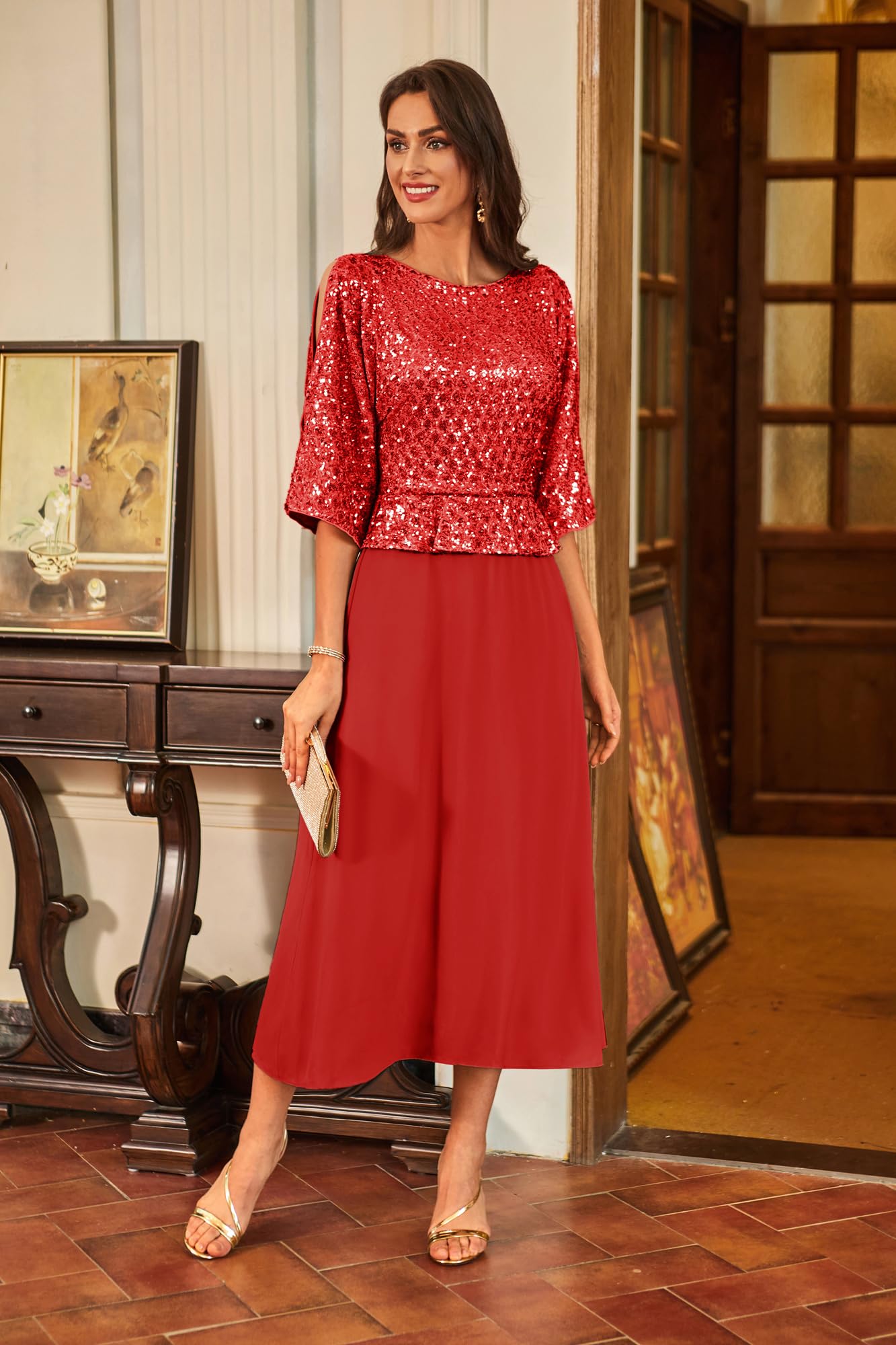 GRACE KARIN Cocktailkleid Damen Elegant Fledermaus Kleid 3/4 Ärmel A-Linie Glitzer Kleid Party Maxikleid