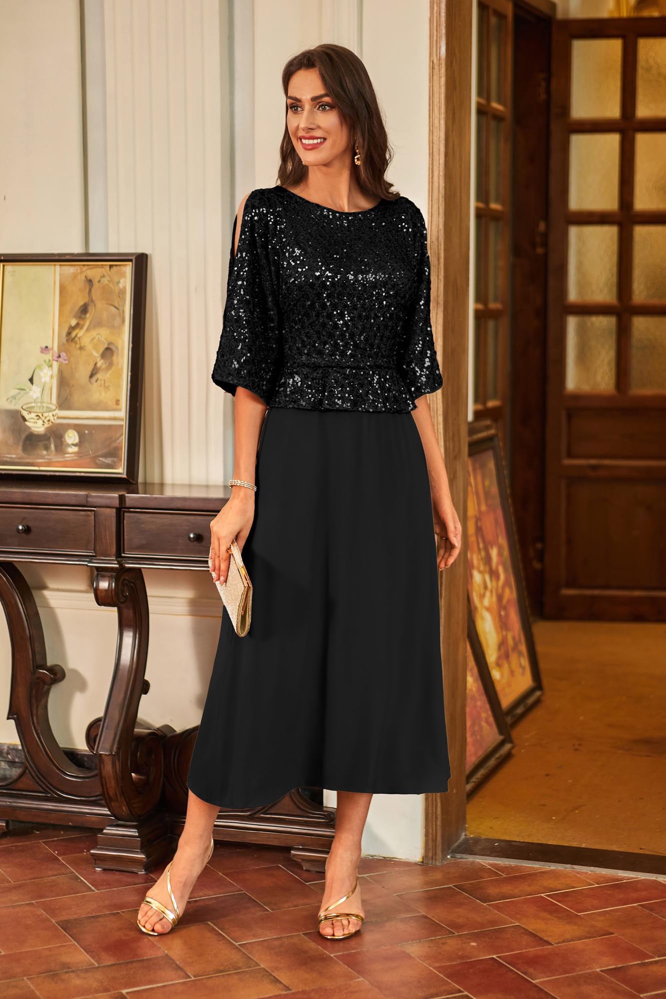 GRACE KARIN Cocktailkleid Damen Elegant Fledermaus Kleid 3/4 Ärmel A-Linie Glitzer Kleid Party Maxikleid
