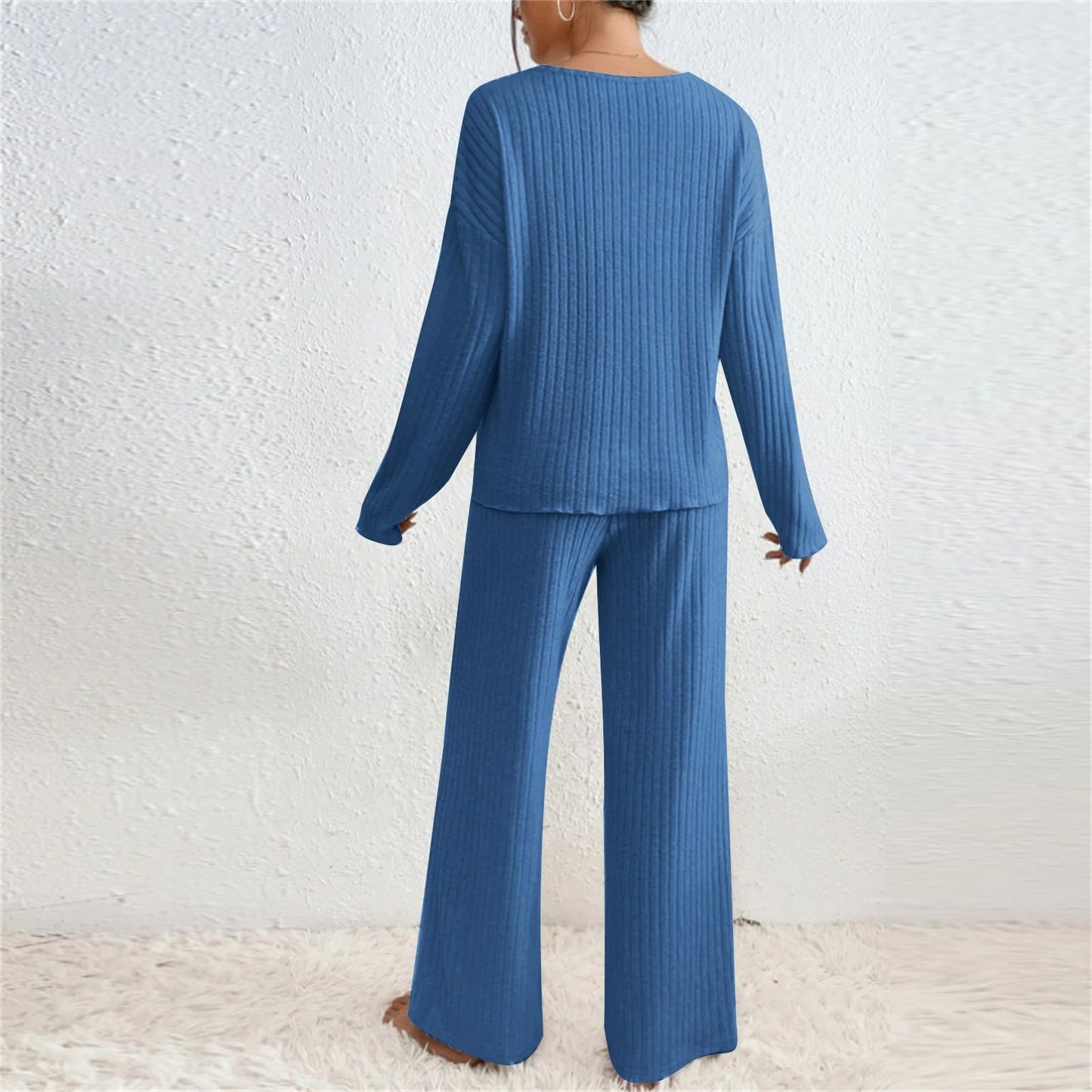 Hausanzug Damen Elegant Gestrickte Loungewear Einfarbig Strickanzug Langarm Schlafanzüge Zweiteiler V-Ausschnitt Homewear Locker Freizeitanzug Outfit Weites Bein Hose mit Taschen Lounge Set