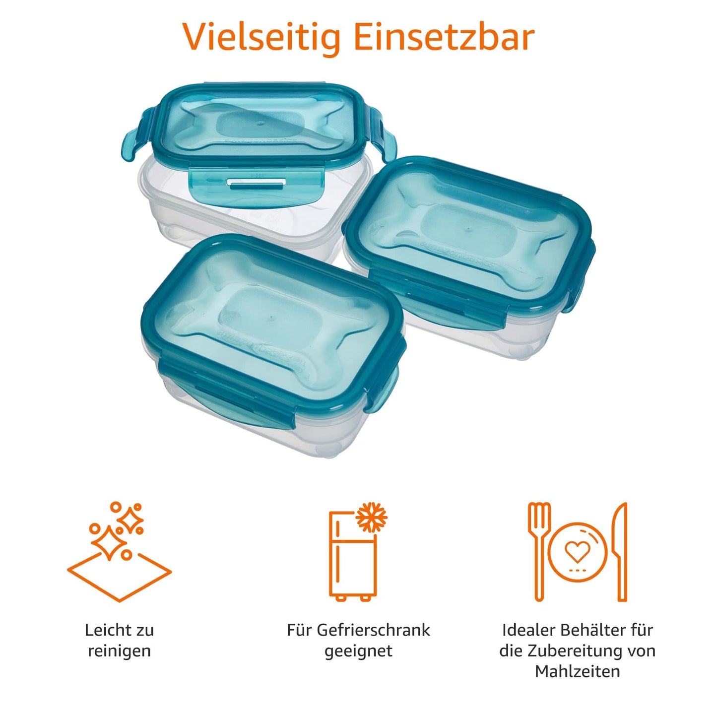 Amazon Basics Gefrierbehälter im Set, mit Deckel, luftdicht, auslaufsicher, stapelbar, für Kühlschrank/Gefriertruhe, BPA-frei, Kunststoff, mikrowellen- und spülmaschinenfest, 3 x 0.6 l, hellblau
