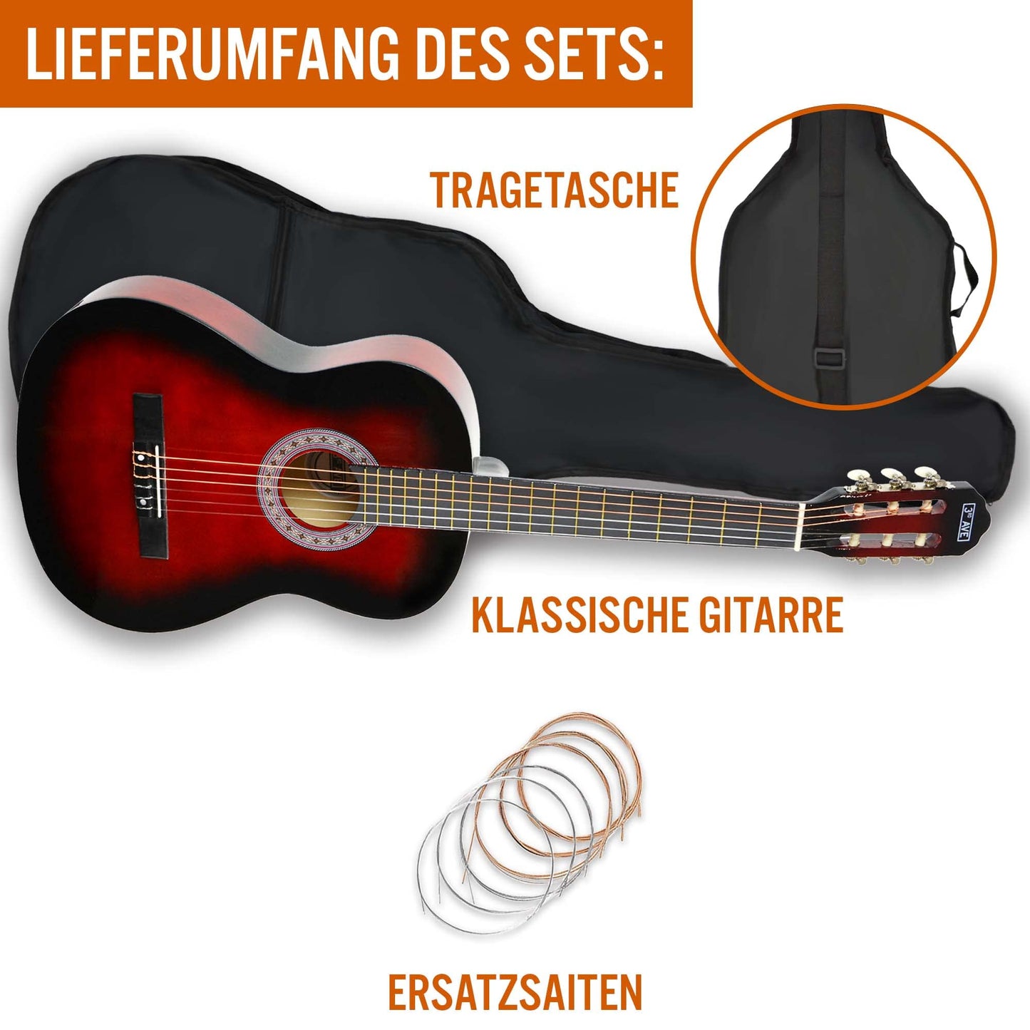 3rd Avenue 3/4-Klassikgitarre Für Kinder, Spanische Nylonsaiten, Einsteigerpaket – Rot