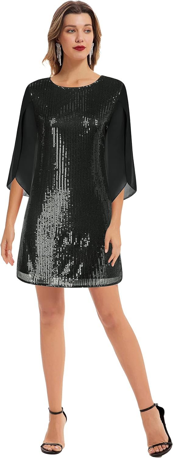 GRACE KARIN Damen Pailletten Kleid 3/4 Ärmel Party Cocktailkleid Club Glitzer Kleid Vintage MidiKleid Festlich Abendkleid
