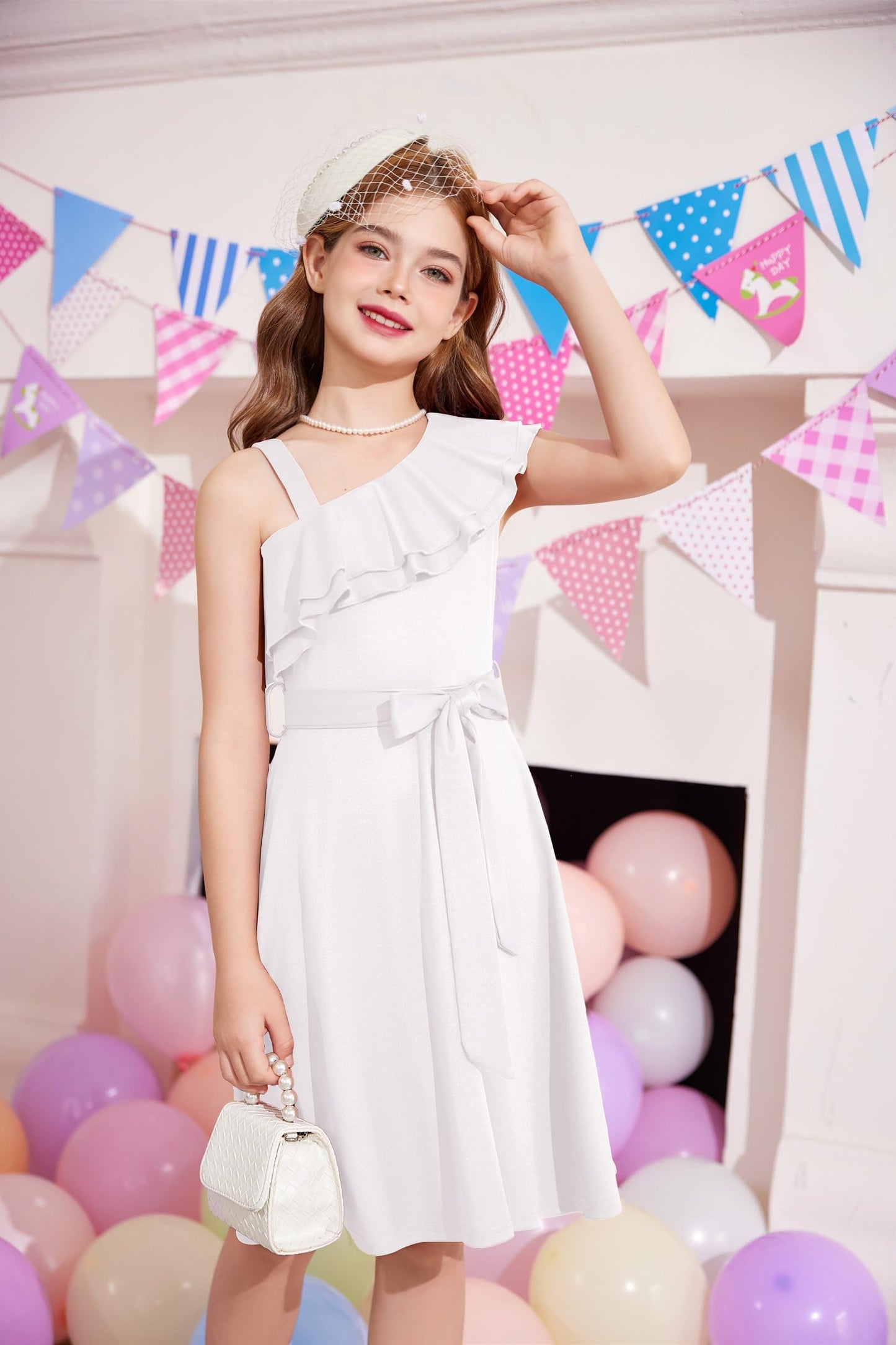 Arshiner Mädchen Kleider Eine-Schulter Kinderkleider Sommer Festliches Kleid Rüschenkragen Elegant Partykleider Swingkleid mit Gürtel ärmelloses Kleid für Mädchen 5-13 Jahre