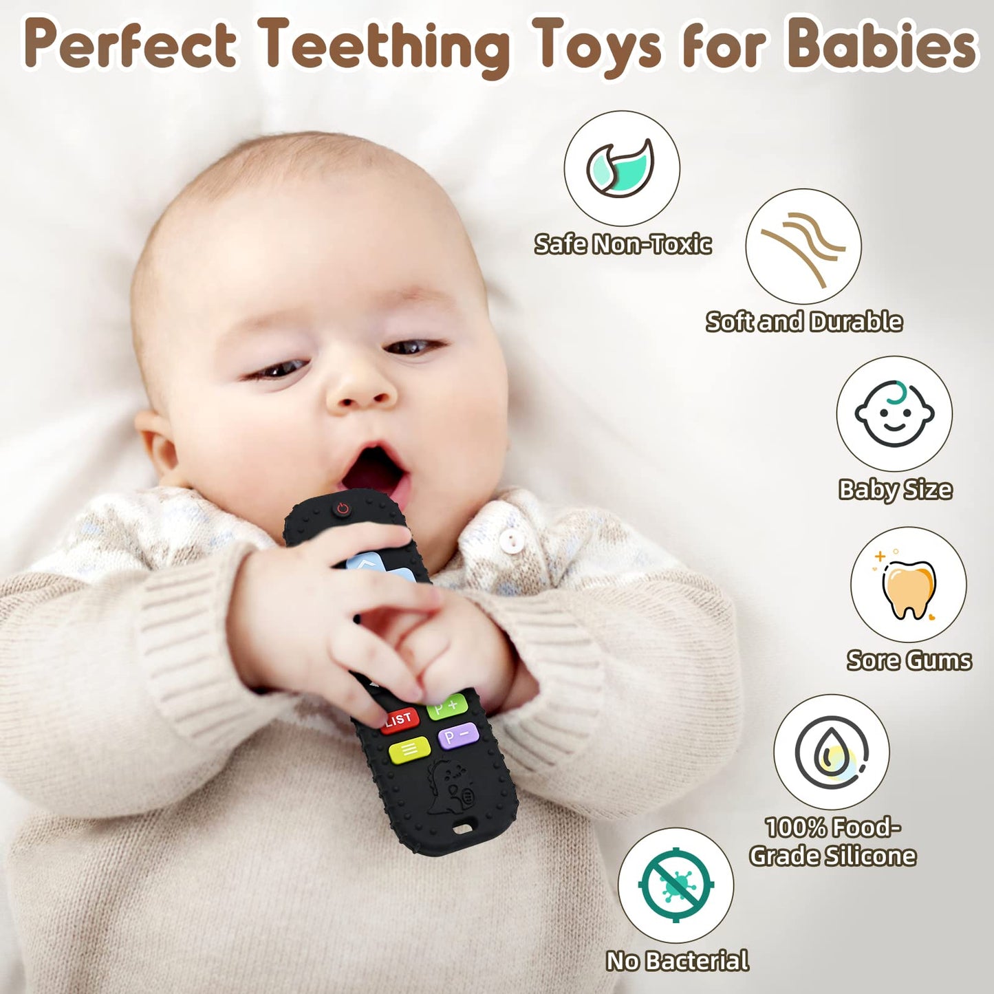 Zahnen Beißringe Spielzeug für Babys 0-6-12 Monate Geschenke, Fernbedienung Baby Zahnungshilfe für 3 6 9 Monate Kleinkind Autismus, Lebensmittelqualität Silikon Badespielzeug, Schwarz
