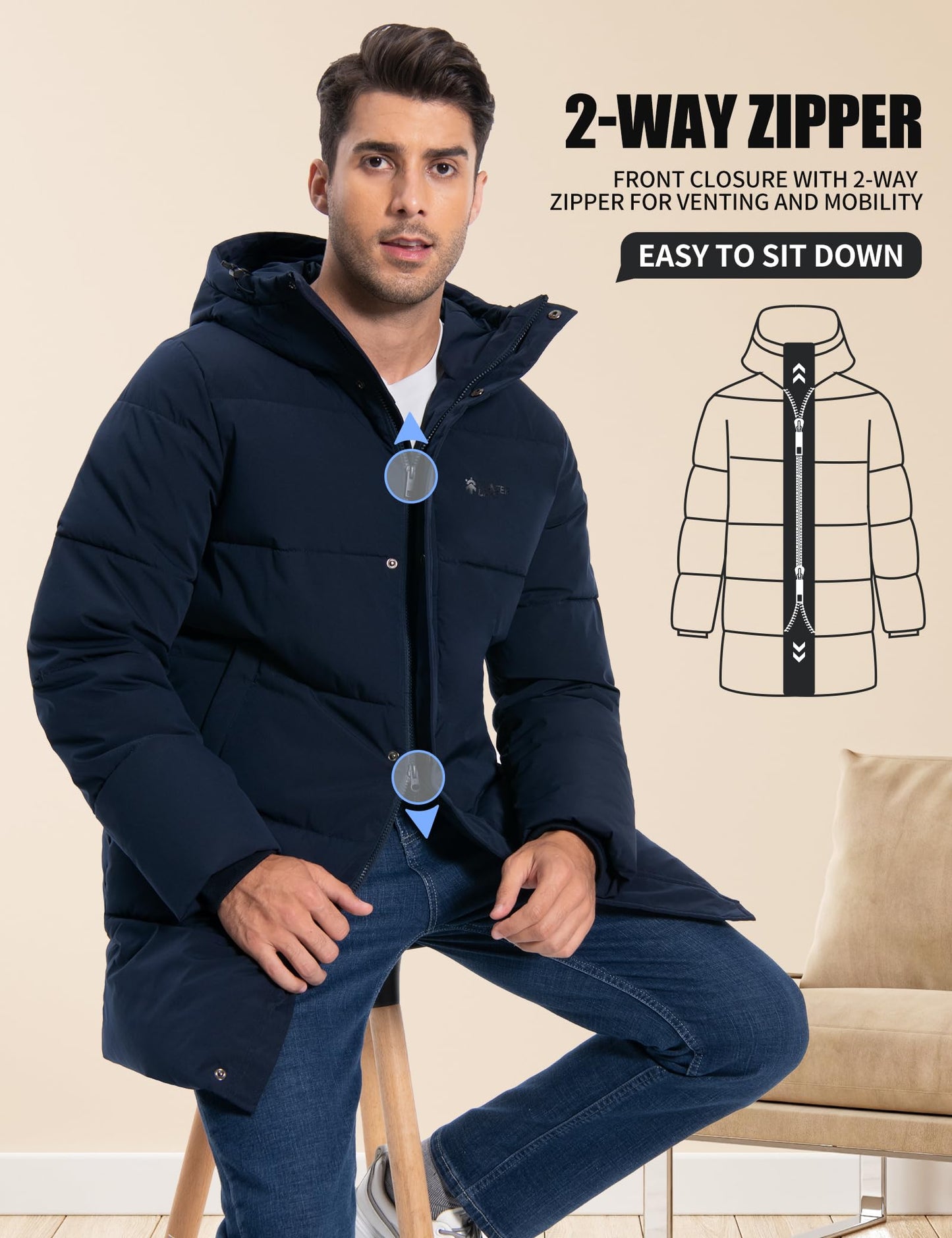 Pioneer Camp Men's Winter Jacket Long Windproof Waterproof Warm Down Jacket Winter Outdoor Parka Jacket with Hood