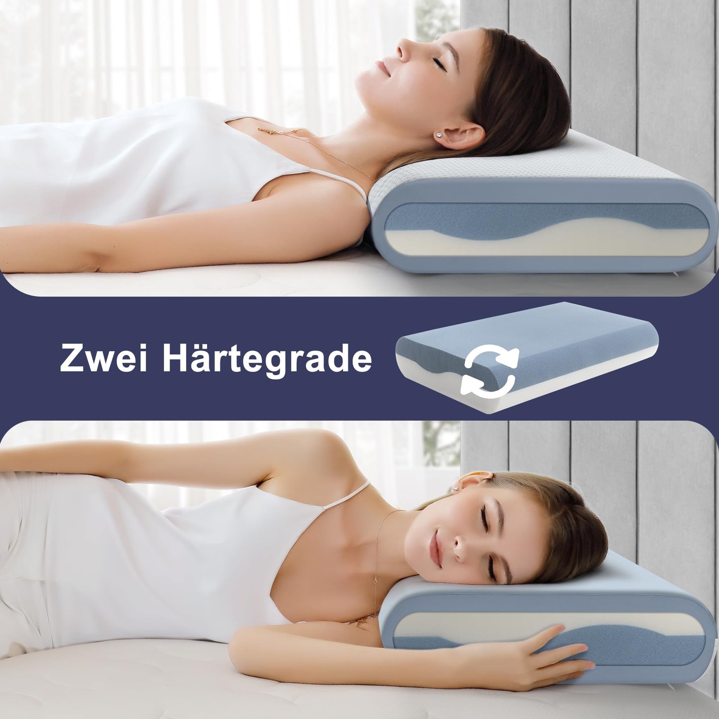 BedStory Kopfkissen, Gel Memory Foam Kissen, Orthopädisches Kissen, Visco Kissen, Nackenstützkissen mit 2 Härte, Ergonomisches Kopfkissen mit Waschbarem Bezug, 40x60x11cm, blau