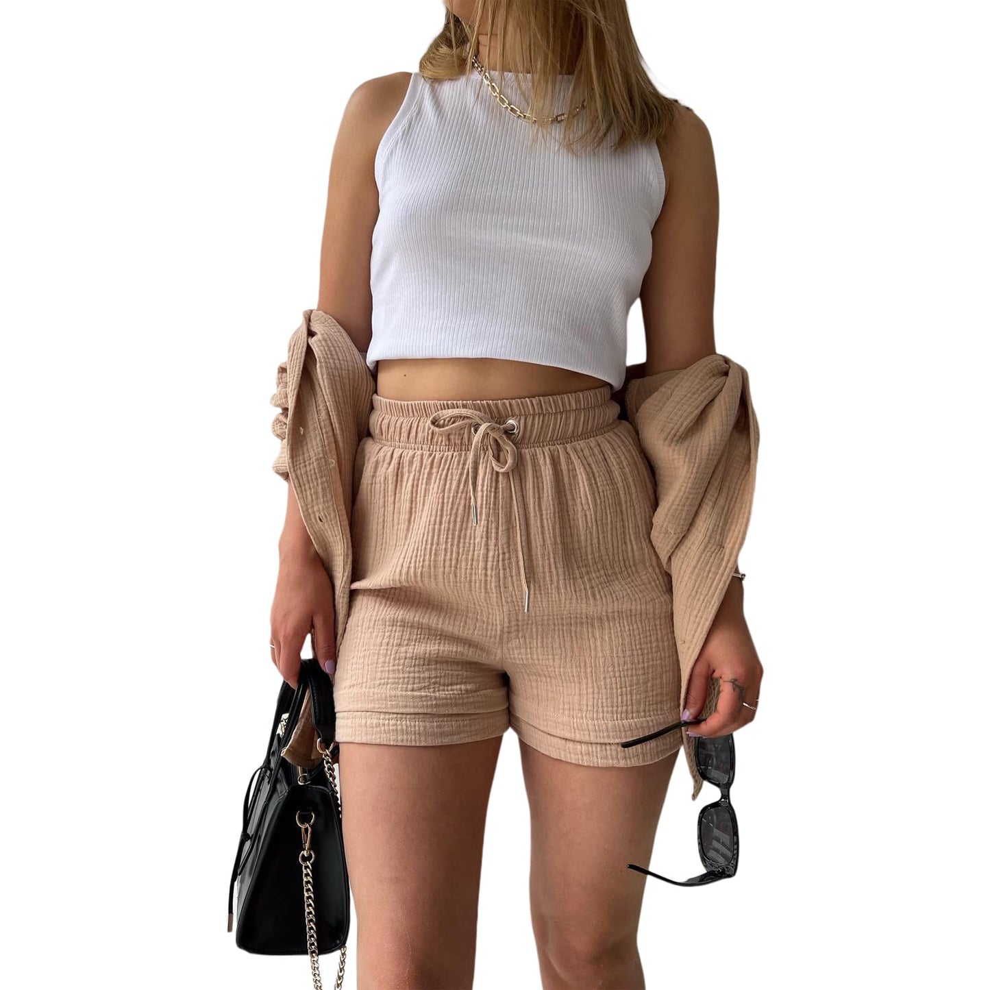 Geagodelia Damen Zweiteiler Elegant Hosenanzug Sommer Outfits Kleidung 2 Teiler Set Bluse Top + Shorts Y2k Aesthetic Clothes Loungewear Anzug