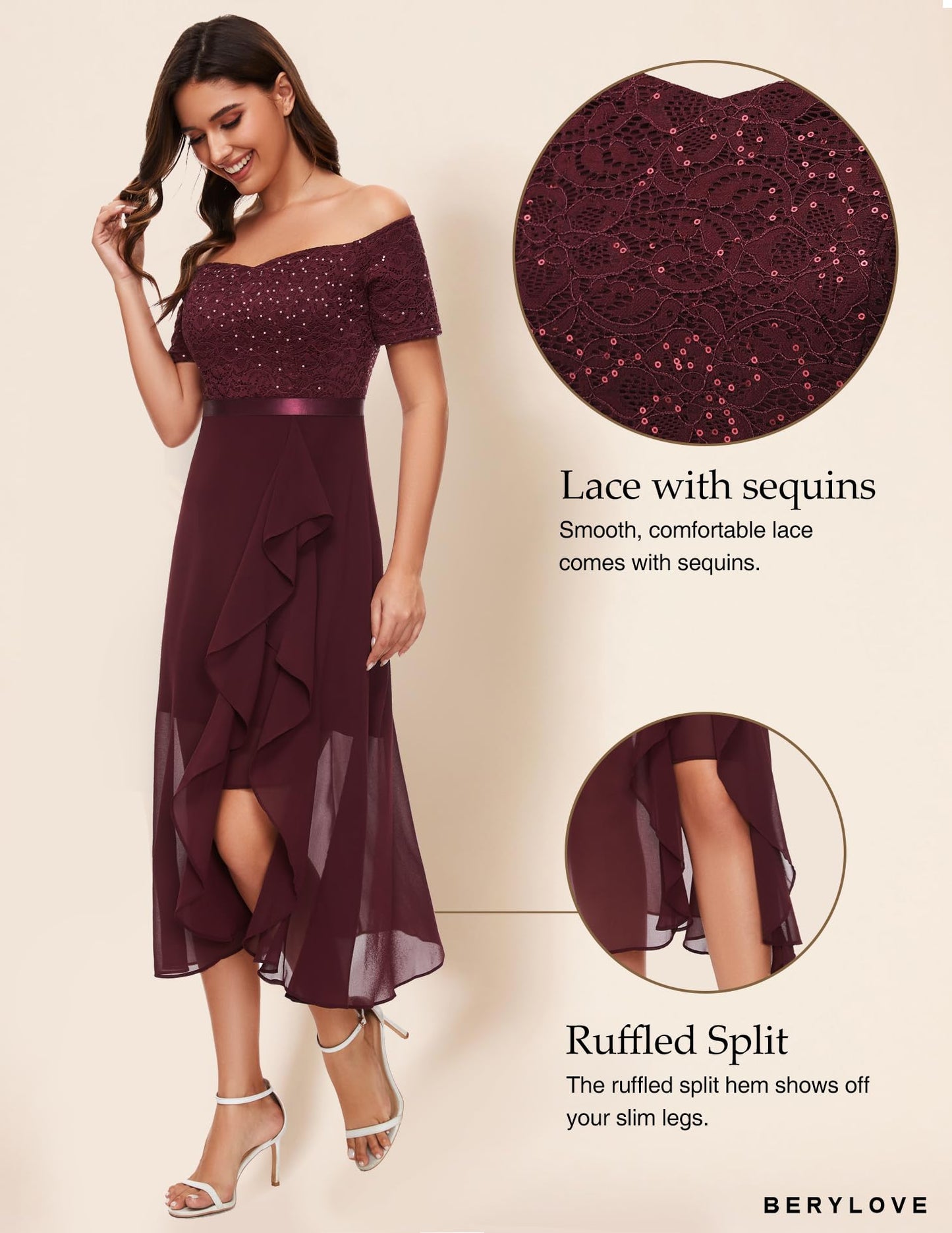 Berylove Abendkleid Damen Lang Glitzer Kleid Cocktailkleid Elegant für Hochzeit Off Shoulder Kleid Ballkleid