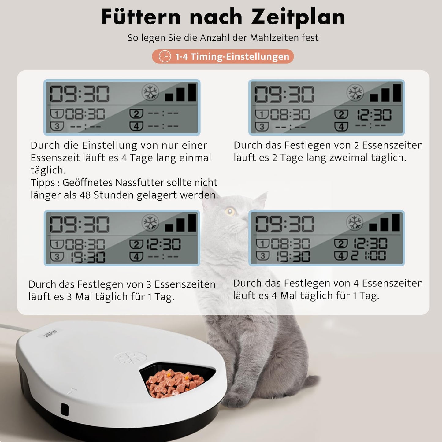 Futterautomat Katze Nassfutter mit Kühlung, 1-4 Tage Frischehaltung, Halbleiter Kühlung, Quick Chills Soße Nassfutter Trockenfutter Katzen Futterautomaten, 5 Mahlzeit Katze Hund katzenfutter automat