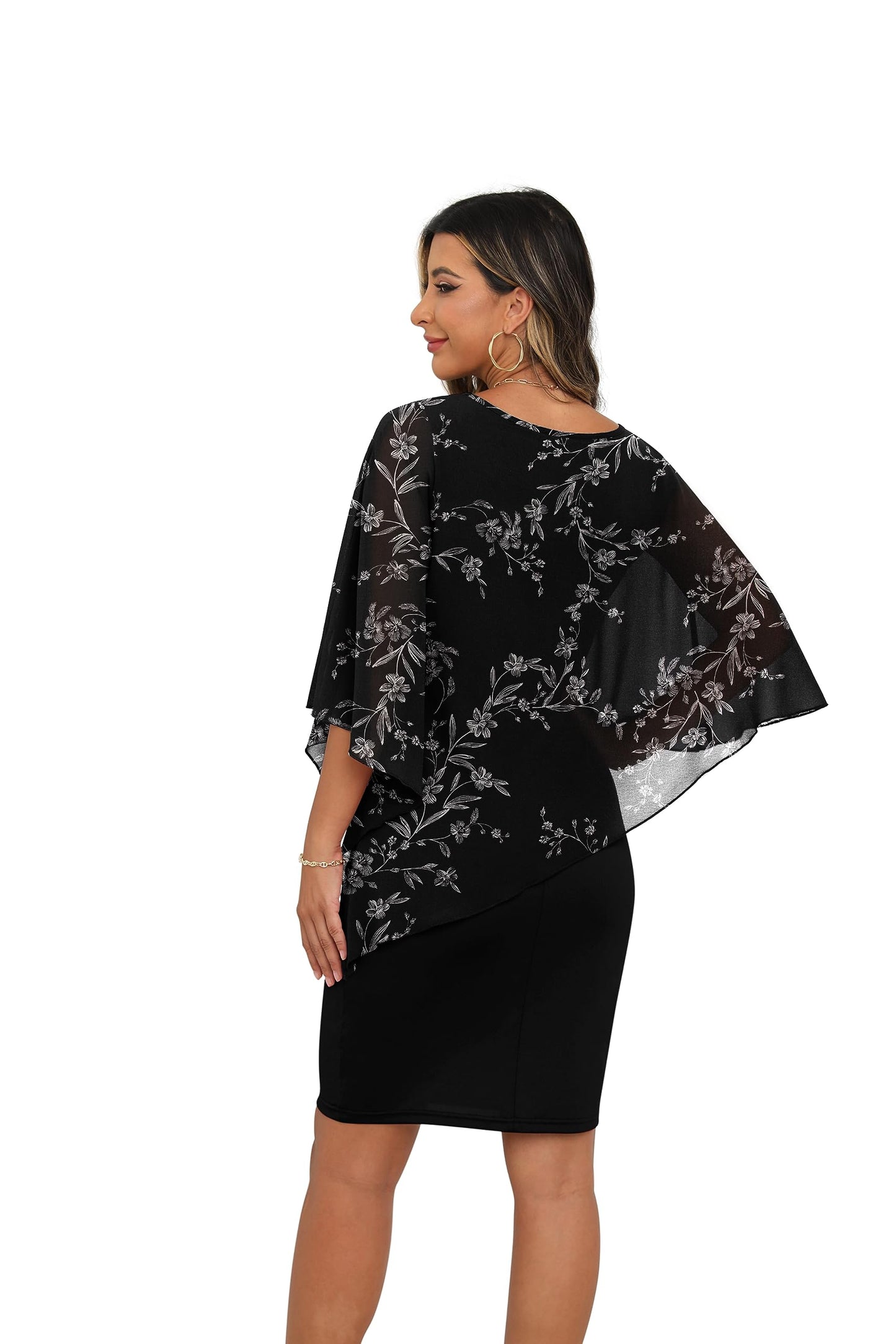 QIXING Damen Chiffon Cape Cocktialkleid Rundhals Ausschnitt Bleistiftkleid Sommerkleid Damen Knielang Elegant Abendkleid Mit Overlay Casual Bodycon Kleider