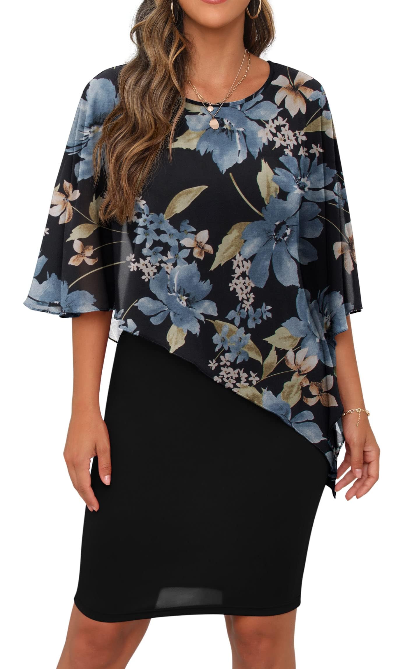 QIXING Damen Chiffon Cape Cocktialkleid Rundhals Ausschnitt Bleistiftkleid Sommerkleid Damen Knielang Elegant Abendkleid Mit Overlay Casual Bodycon Kleider