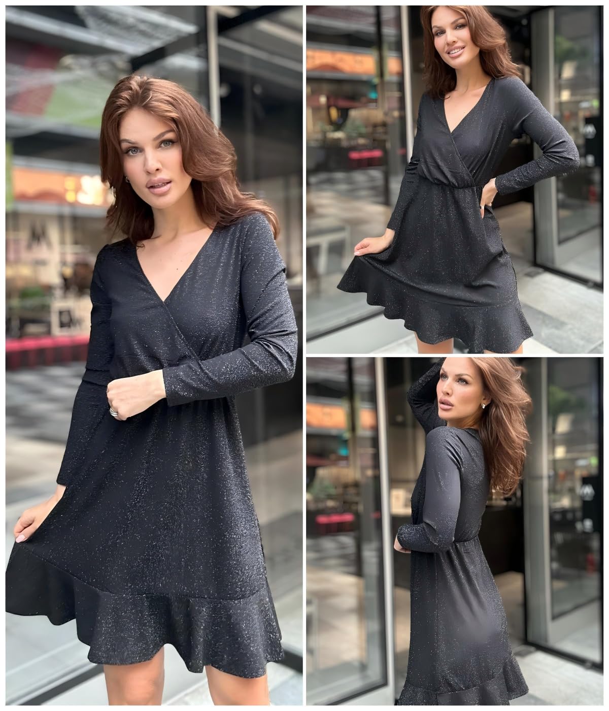 Zeagoo Kleid Damen Weihnachtskleid Elegant Winterkleid Festlich Paillettenkleid Langarm Partykleid V-Ausschnitt Rüschensaum Glitzerkleid Sparkly MidiKleid Cocktailkleid Ballkleid