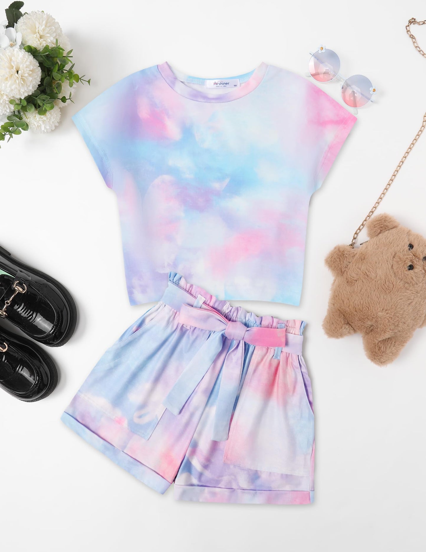 Arshiner Mädchen Tshirt mit Shorts Set Sommer Kinder Bekleidungssets Freizeit Mode überschnittenen Schultern Shirts Zweiteiliges Kleidung Sets für Mädchen 6-14 Jahre