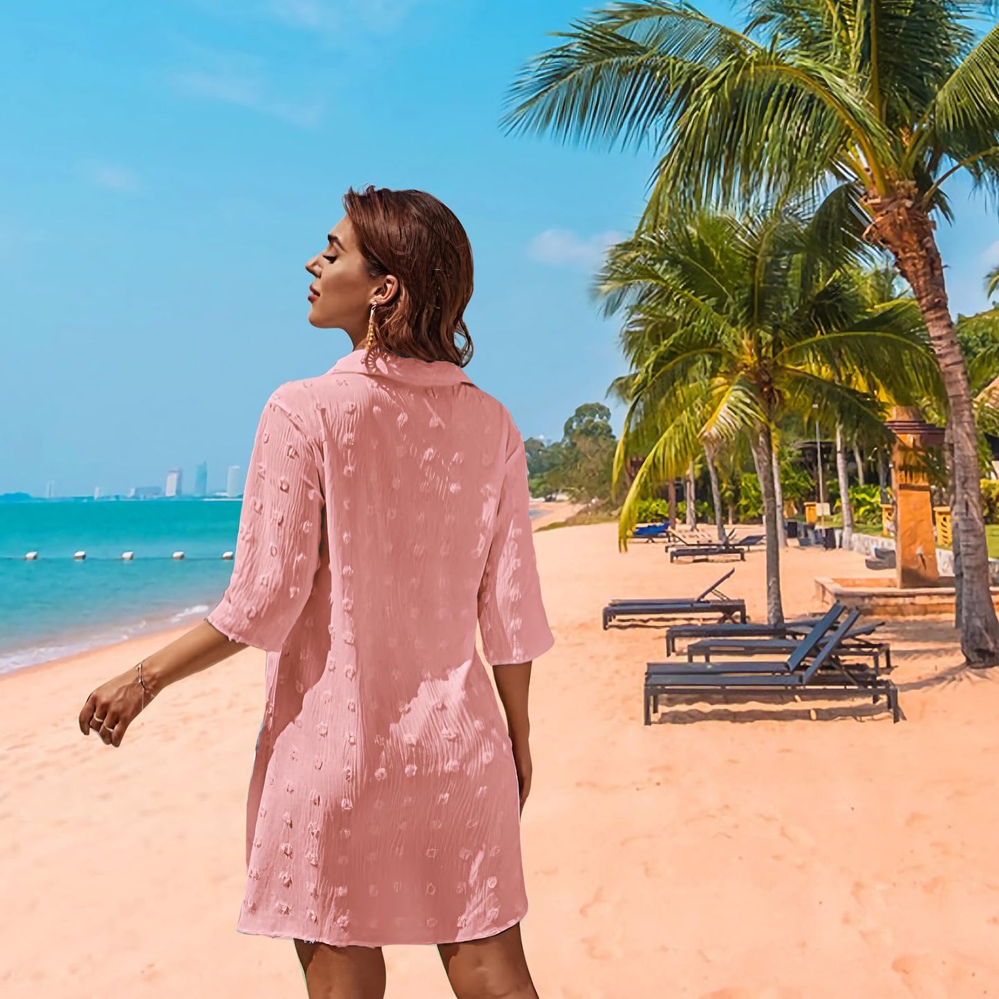 Figarge Strandkleid Damen Bikini Cover Up V-Ausschnitt Baumwolle Strandtunika Sommer Pareos Button Down Strandponcho Badeanzug Strand