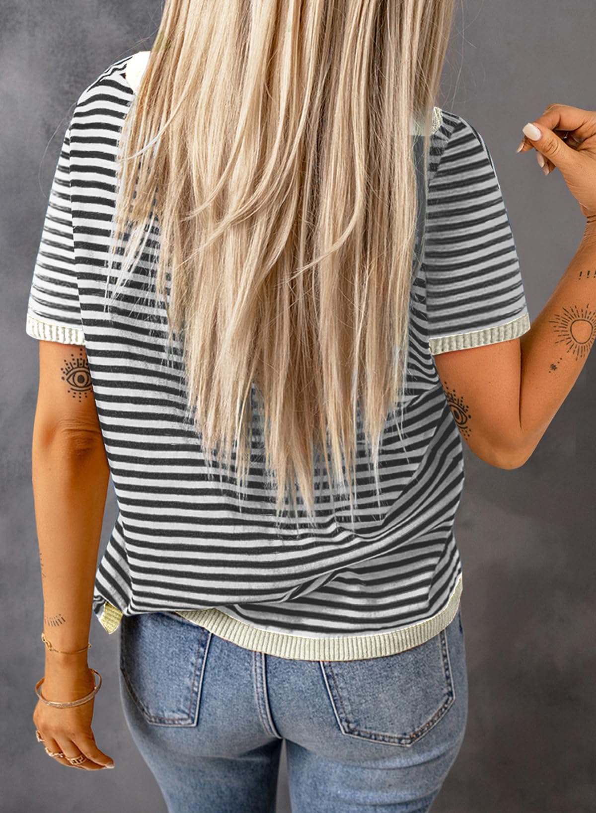 Cuptacc Tshirt Damen Baumwolle Shirt Damen Oberteile Sommer Gestreiftes Rundhals Basic Tops Kurzarm Tunika Damen Blusen Elegant Weiß Schwarz