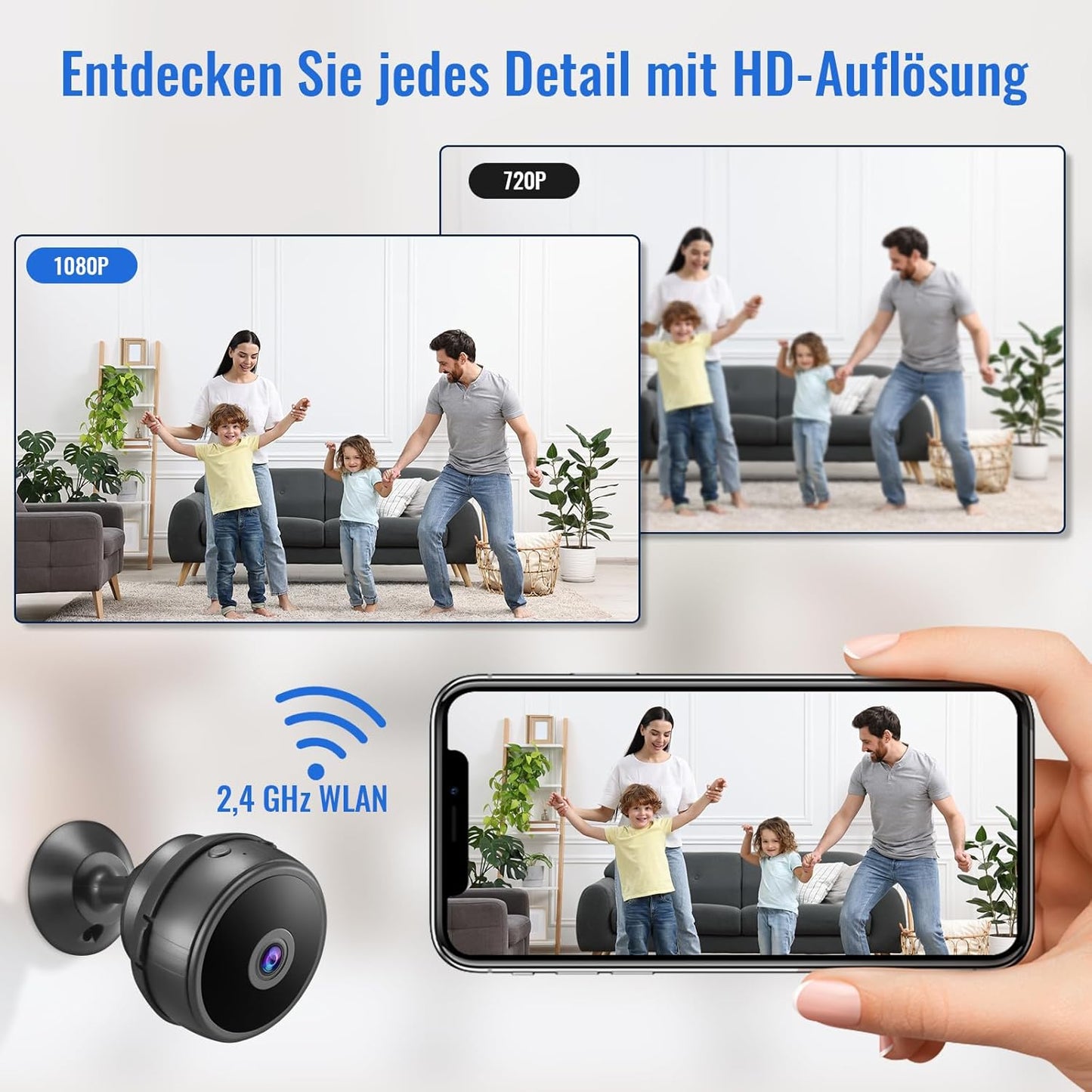 Mini-Kamera 1080P FHD Überwachungskamera innen WLAN Live Übertragung Handy APP WiFi Camera Indoor mit Akku Kleine Kompakte Sicherheitskamera mit Nachtsicht Bewegungsmelder für Baby Alten Haustier