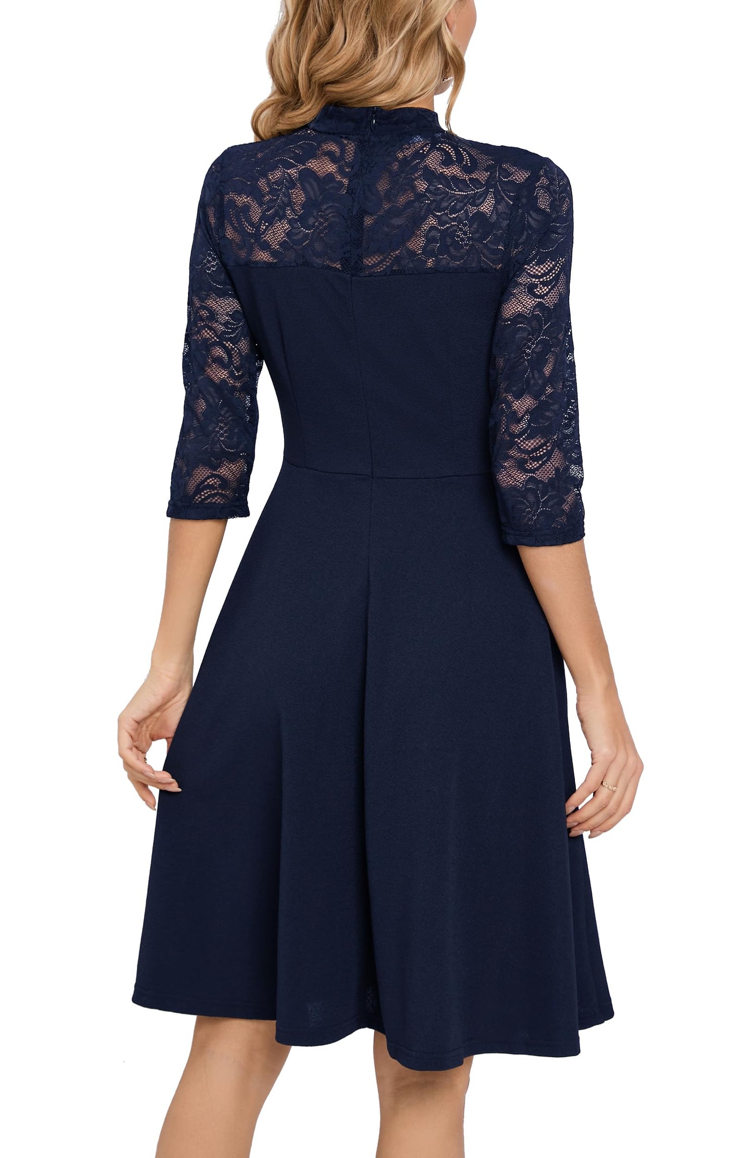 HOMEYEE Damen Elegant Spitze 3/4 Ärmel Rockabilly Kleid Retro Knielang Cocktailkleid für Hochzeit A368