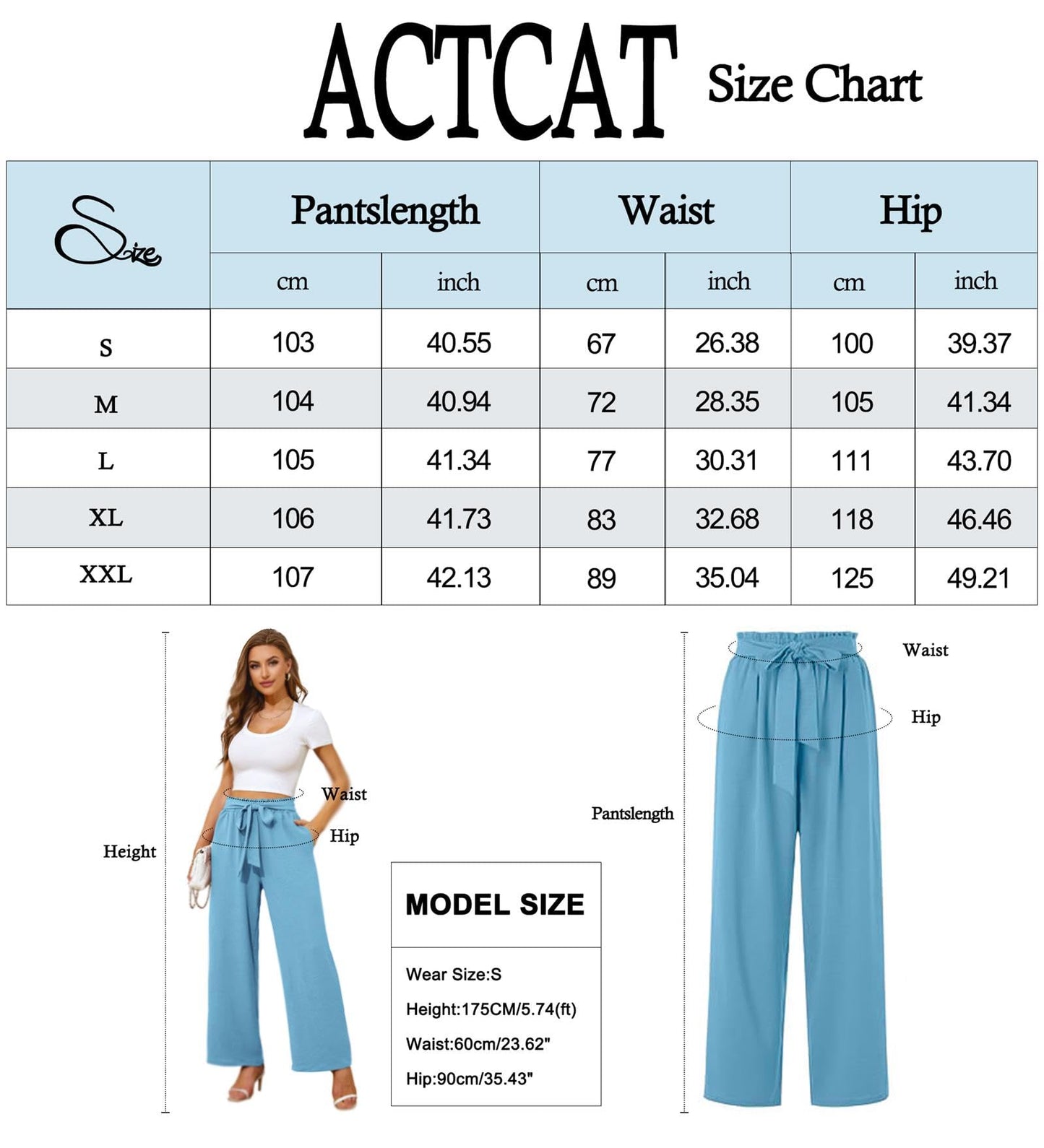 Actcat Damen Hose mit weitem Bein Leicht und Elegant Elastischer Bund Sommerhose mit Taschen für Legere Arbeit Geeignet