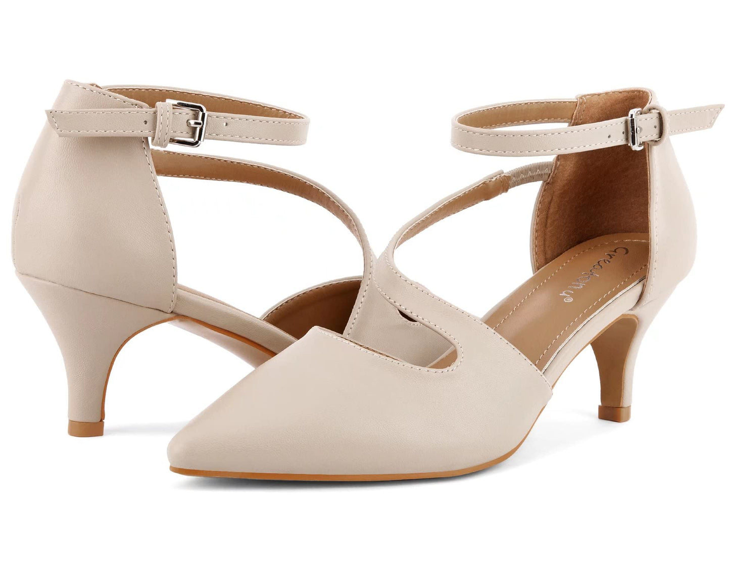 Greatonu Women's Pointed Toe Court Shoes with Ankle Strap and Kitten Heel