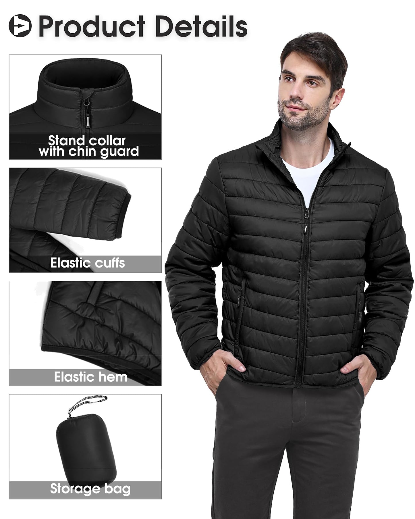 Outdoor Ventures Herren Steppjacke Packbare Leichte Warme Übergangsjacke Herren Wasserfeste Pufferjacke mit 3 Taschen für Outdoor Casual Wandern