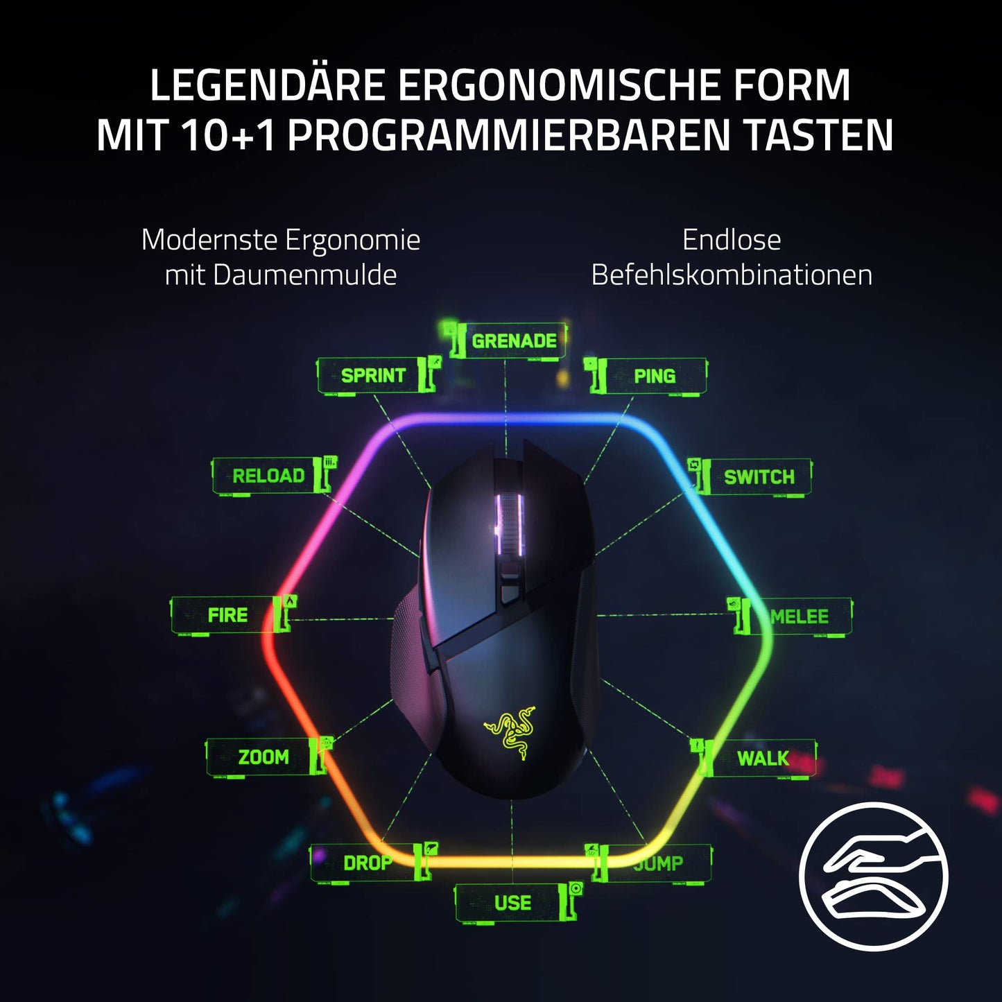 Razer Basilisk V3 - Kabelgebundene, anpassbare Gaming Maus mit Chroma RGB für PC/Mac (10+1 programmierbare Tasten, neigbares HyperScroll Mausrad, ergonomisches Design) Schwarz