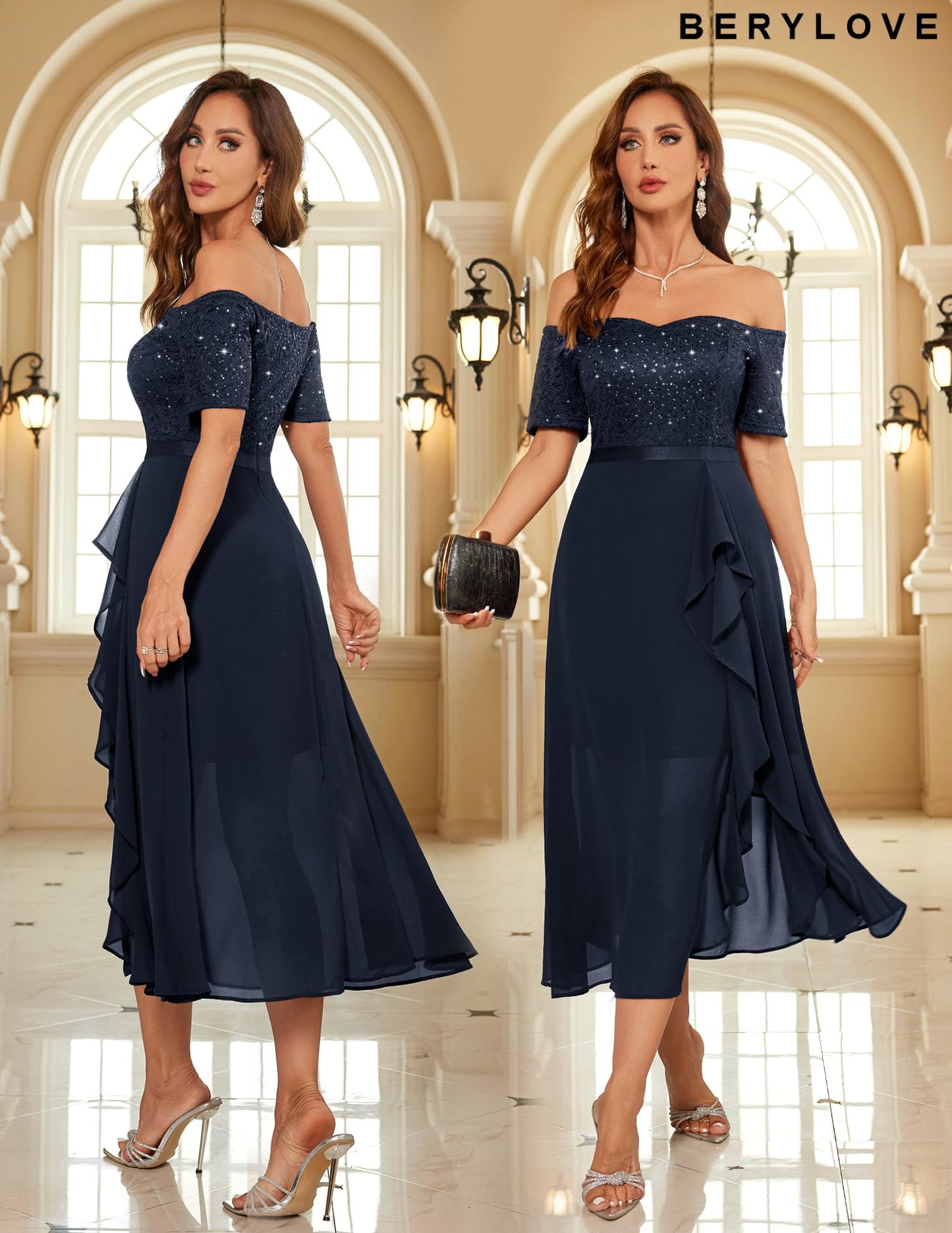 Berylove Abendkleid Damen Lang Glitzer Kleid Cocktailkleid Elegant für Hochzeit Off Shoulder Kleid Ballkleid