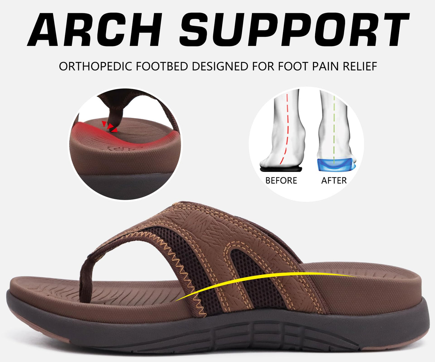 COFACE Sandalen Herren Zehentrenner Weiche Bequeme Flip Flops Arch Support Orthopädische Sommer Leder Sandalen für Herren Badelatschen Outdoor