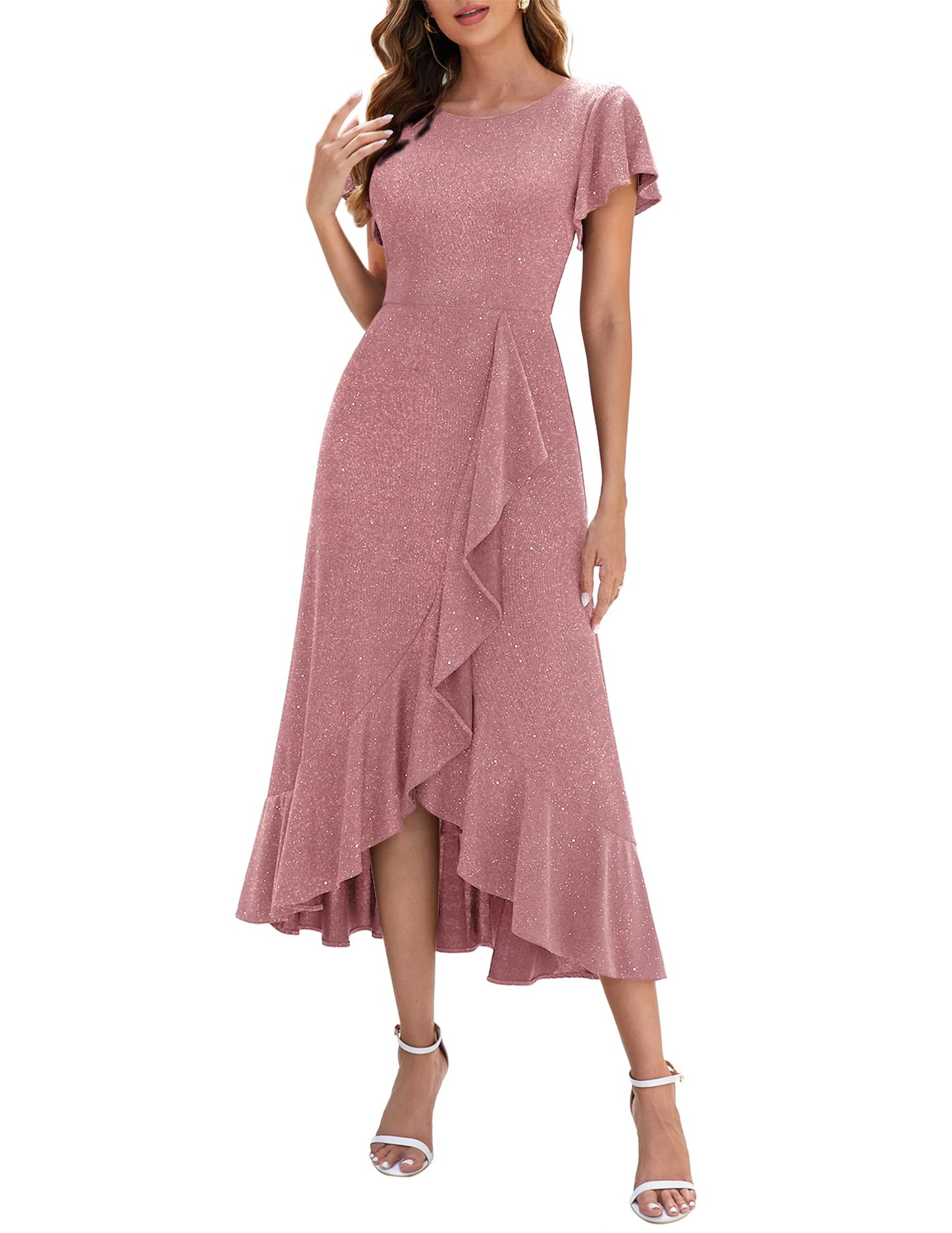 Berylove Damen Abendkleid Lang Glitzer Ballkleid mit Rüschen Saum Kleid Festliche Kleider für Hochzeit Partykleid
