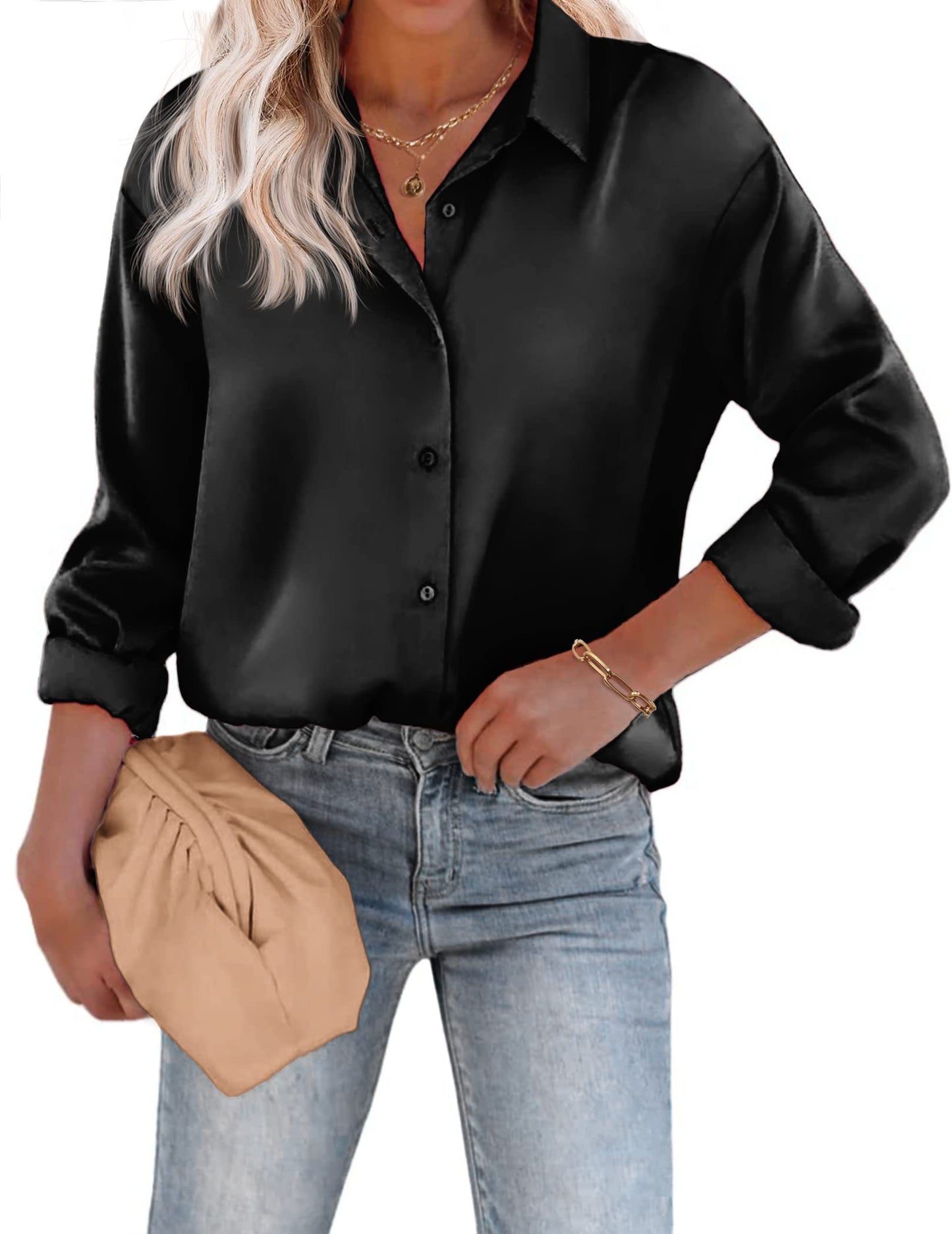 Beyove Damen Bluse Satin Seide V-Ausschnitt Hemden Elegant Langarm Business Oberteile mit Knöpfen Tops Lose Langarmshirt