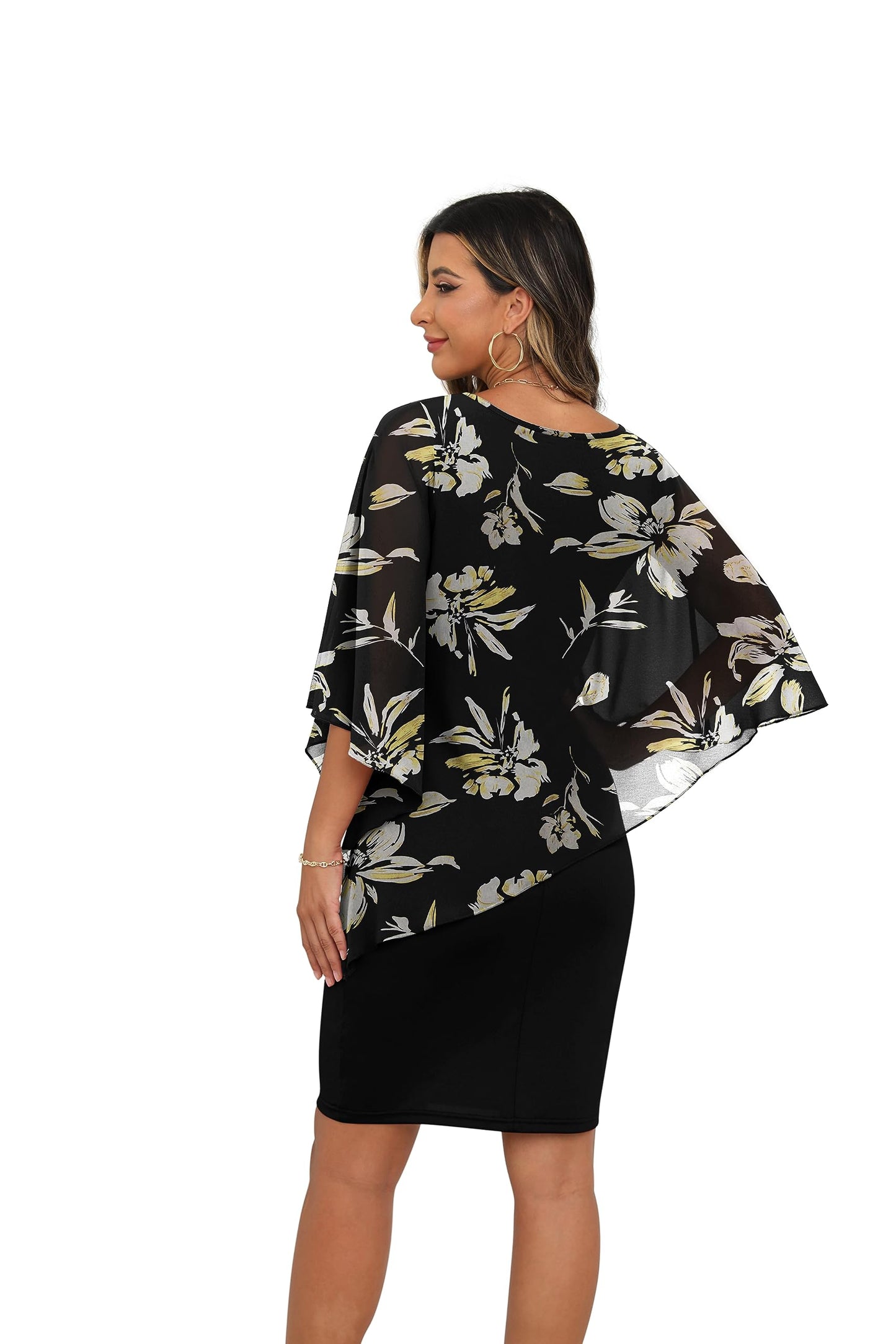 QIXING Damen Chiffon Cape Cocktialkleid Rundhals Ausschnitt Bleistiftkleid Sommerkleid Damen Knielang Elegant Abendkleid Mit Overlay Casual Bodycon Kleider