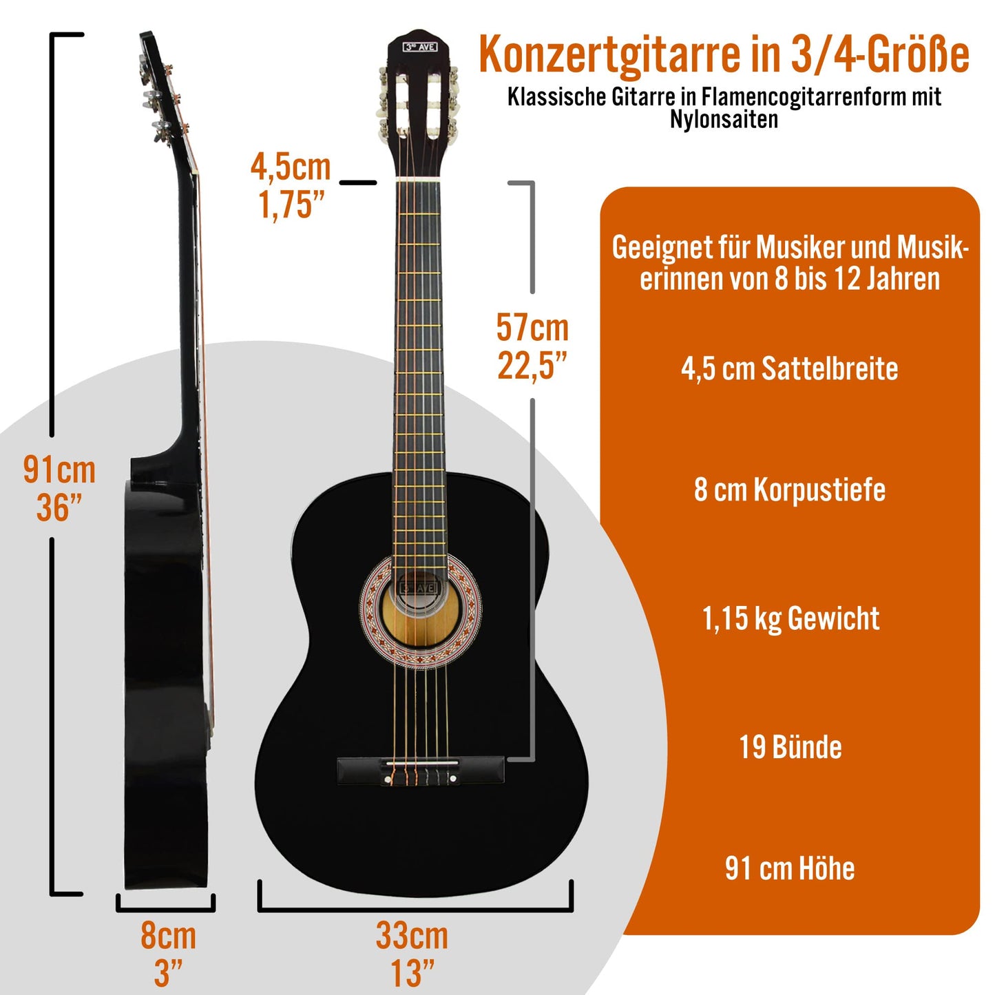 3rd Avenue 3/4-Klassikgitarre Für Kinder, Spanische Nylonsaiten, Einsteigerpaket – Rot