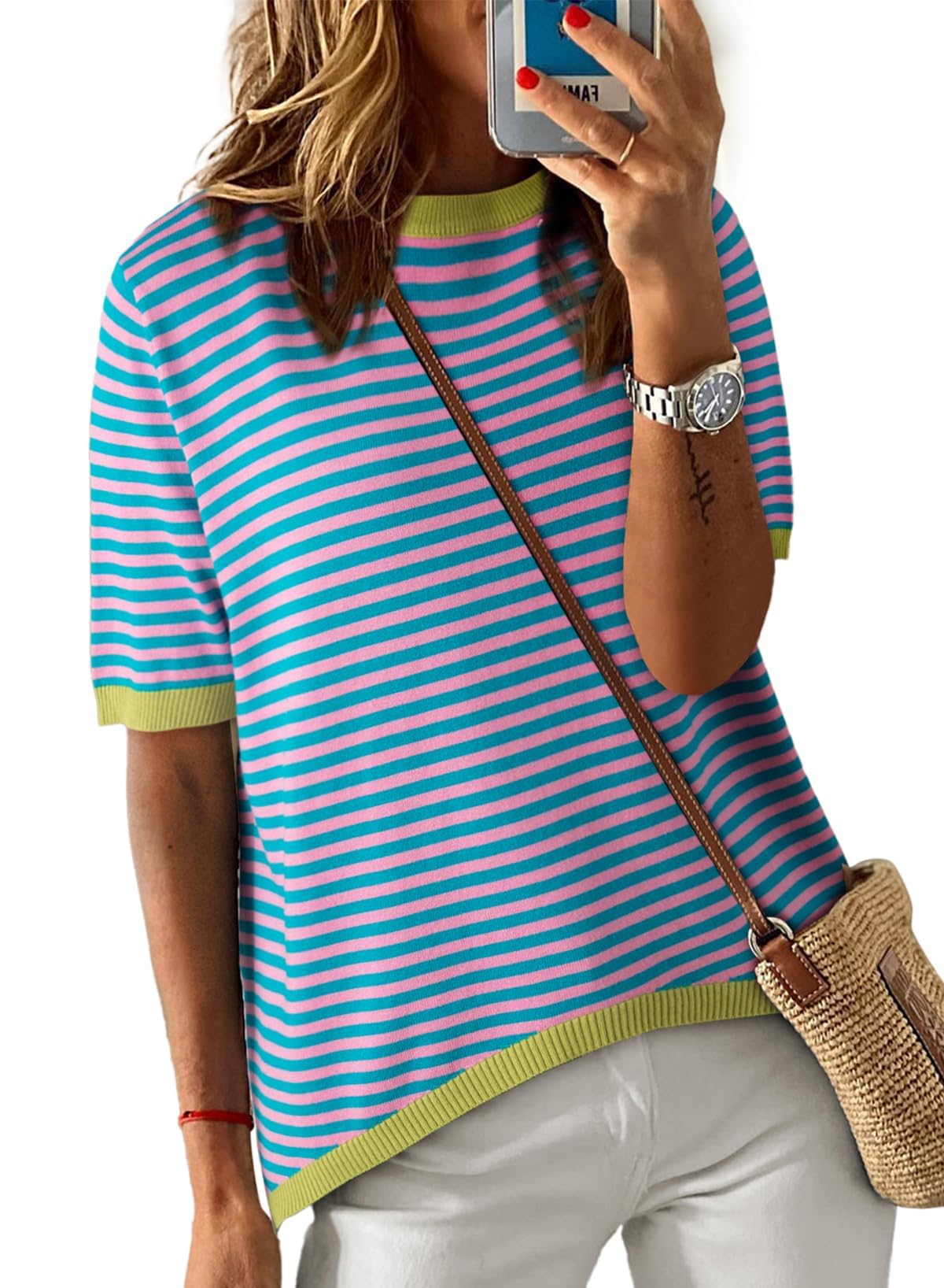 Cuptacc Tshirt Damen Baumwolle Shirt Damen Oberteile Sommer Gestreiftes Rundhals Basic Tops Kurzarm Tunika Damen Blusen Elegant Weiß Schwarz