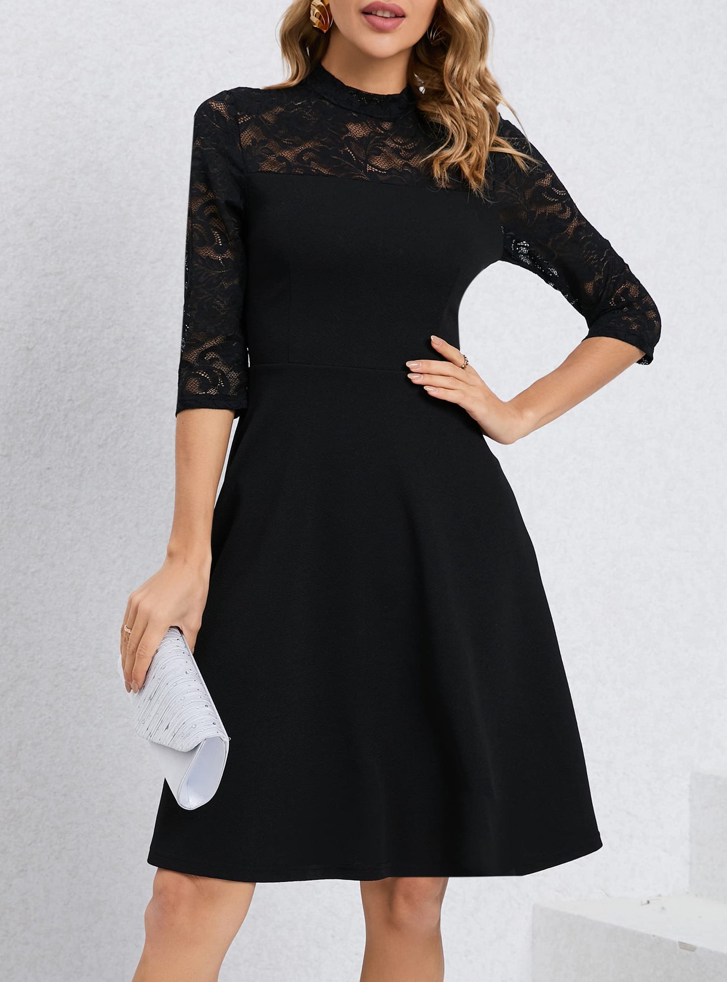 HOMEYEE Damen Elegant Spitze 3/4 Ärmel Rockabilly Kleid Retro Knielang Cocktailkleid für Hochzeit A368