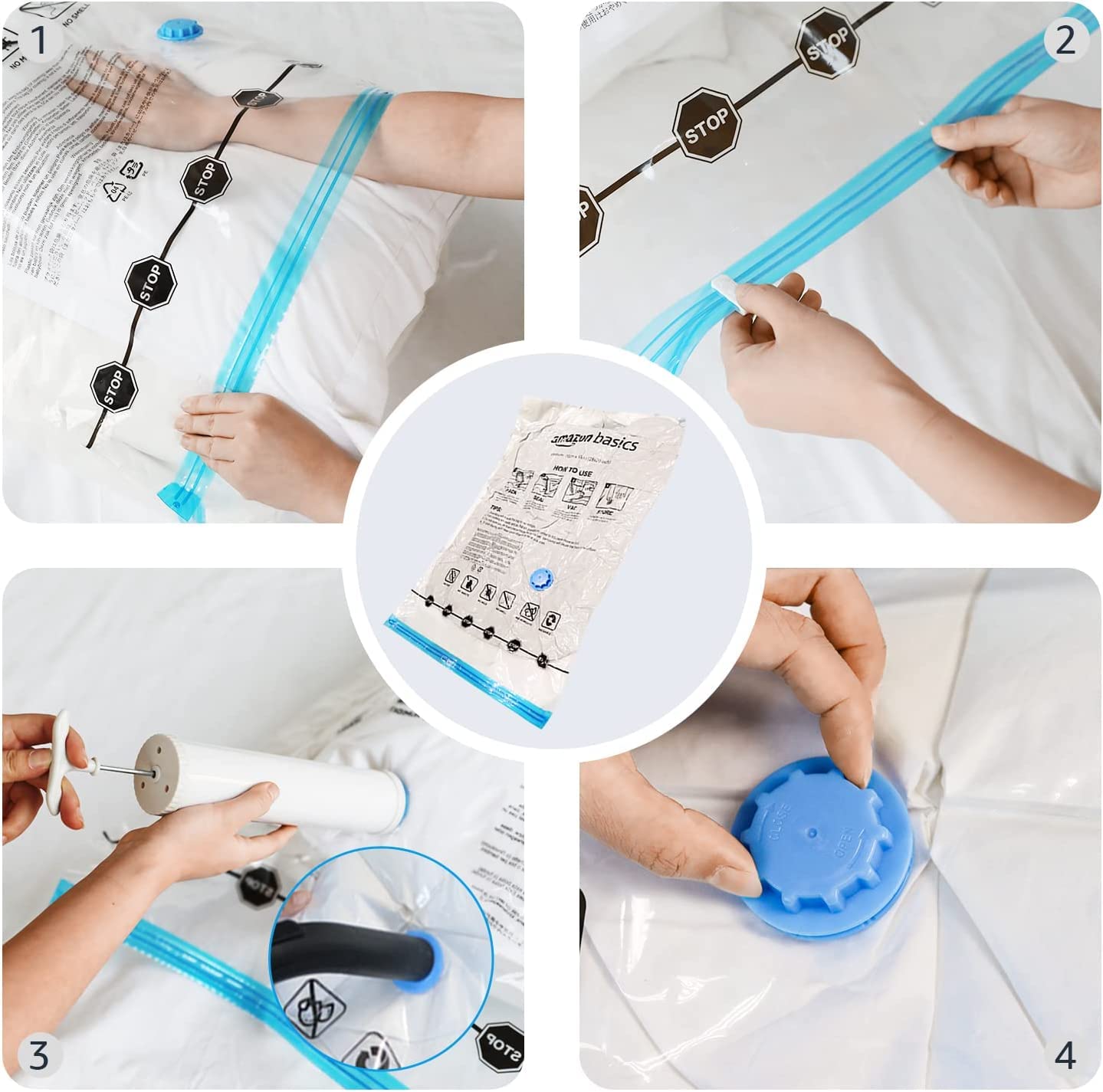 Amazon Basics Vakuumbeutel für Kleidung mit Luftdichtem Ventil und Handpumpe - Jumbo, 6er-Pack, Reißverschluss, Durchsichtig
