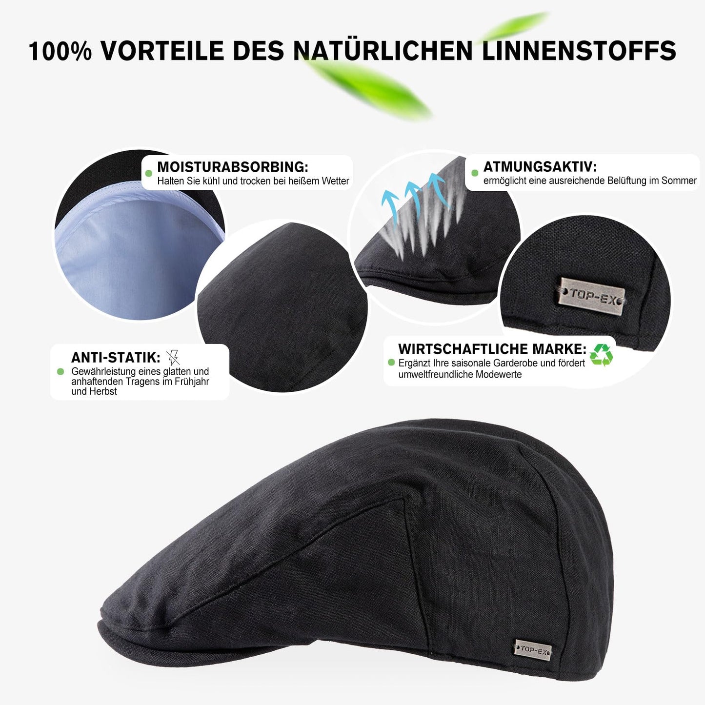 TOP-EX 100% Leinen Schiebermütze Herren Sonnenhut Sommer Schirmmuetze
